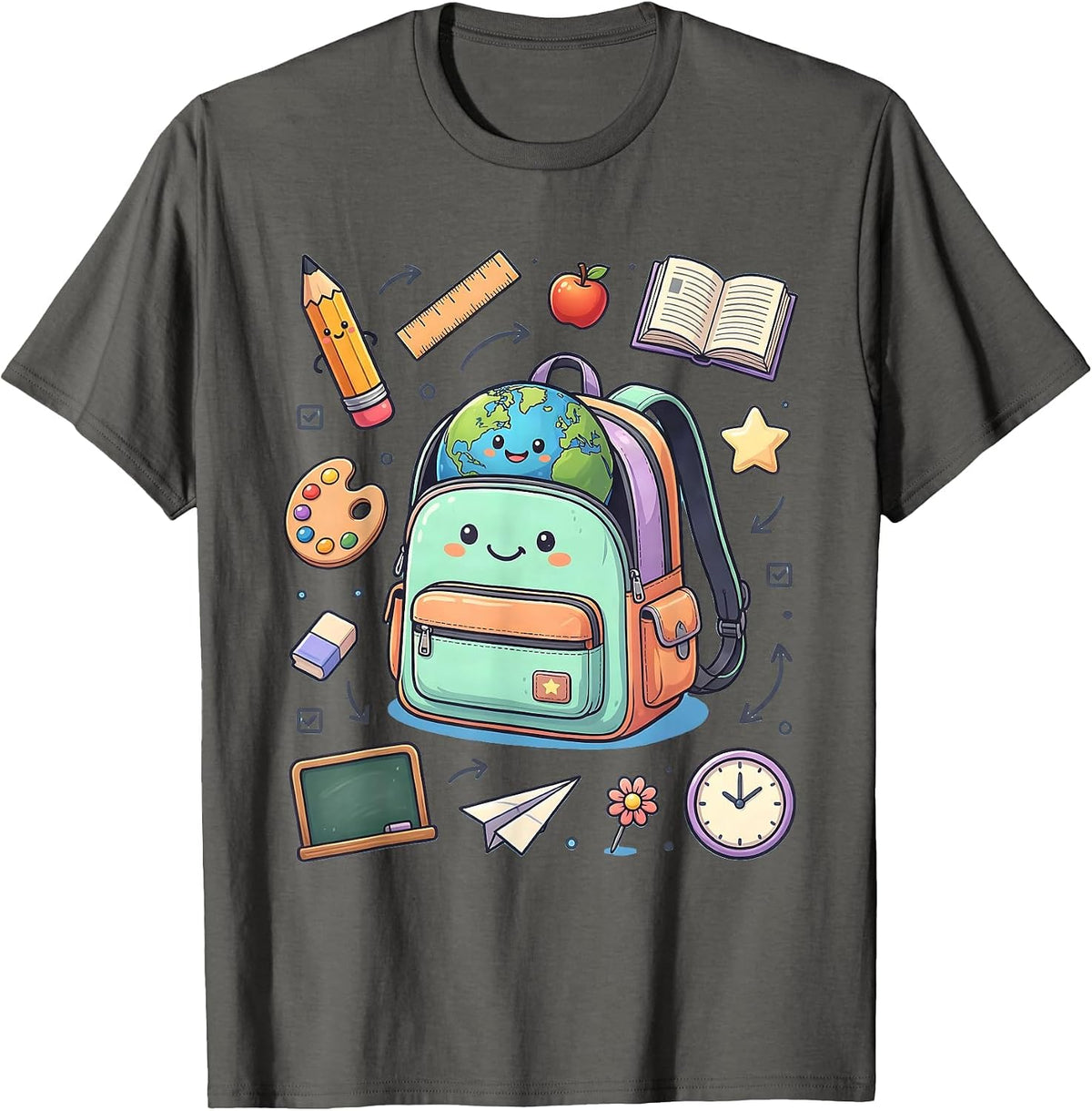 Third Grade Teacher Globe Schoolbag Graphic T-Shirt - Asphalt Grey