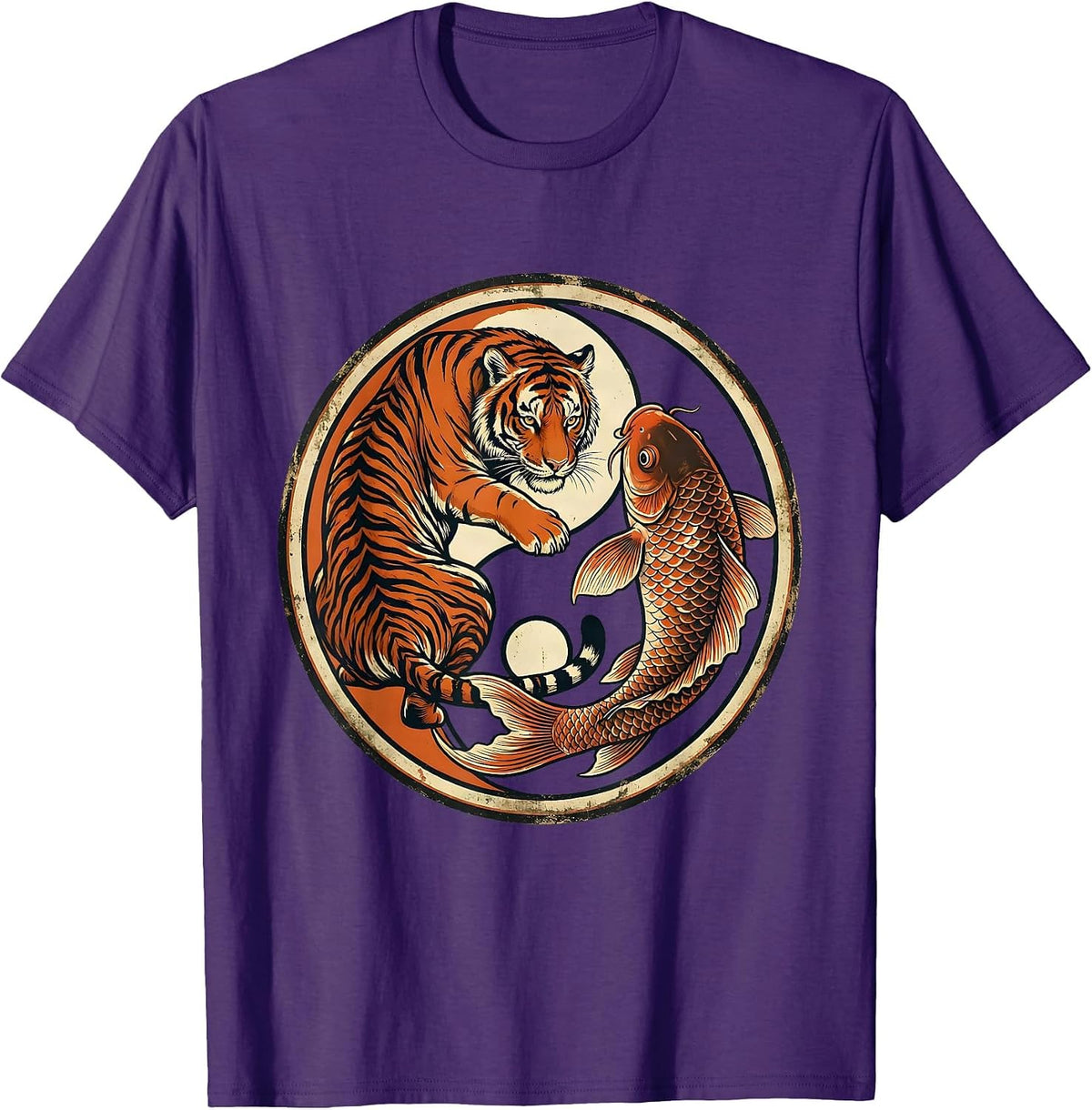 Tiger and Koi Fish Yin-Yang Balance Design T-Shirt - Purple