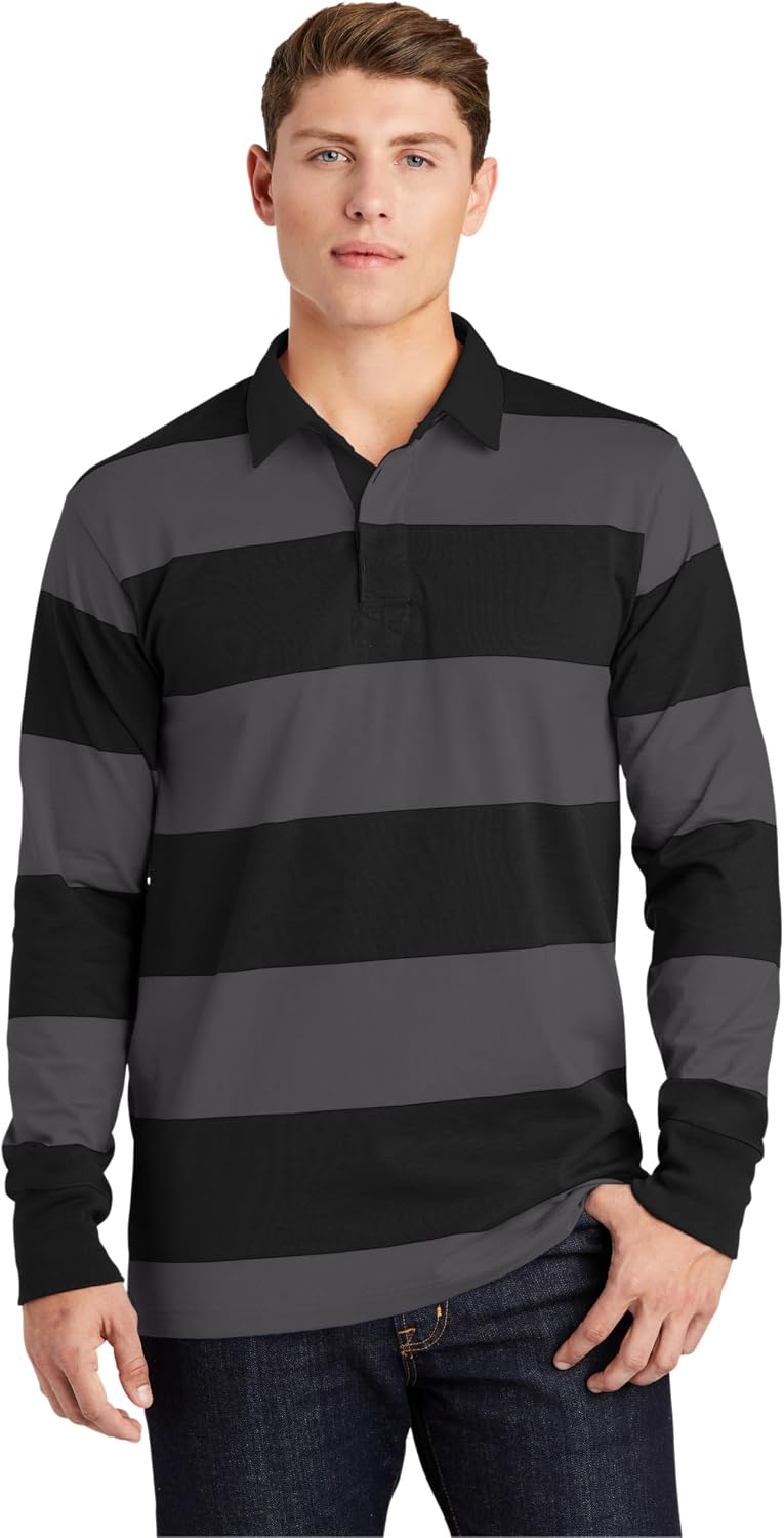 SPORT-TEK Classic Long Sleeve Rugby Polo - Black\/ Graphite