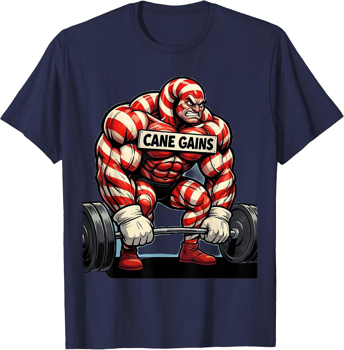 Cane Gains Funny Christmas Gym Bodybuilding Weightlifting T-Shirt - Navy Blue