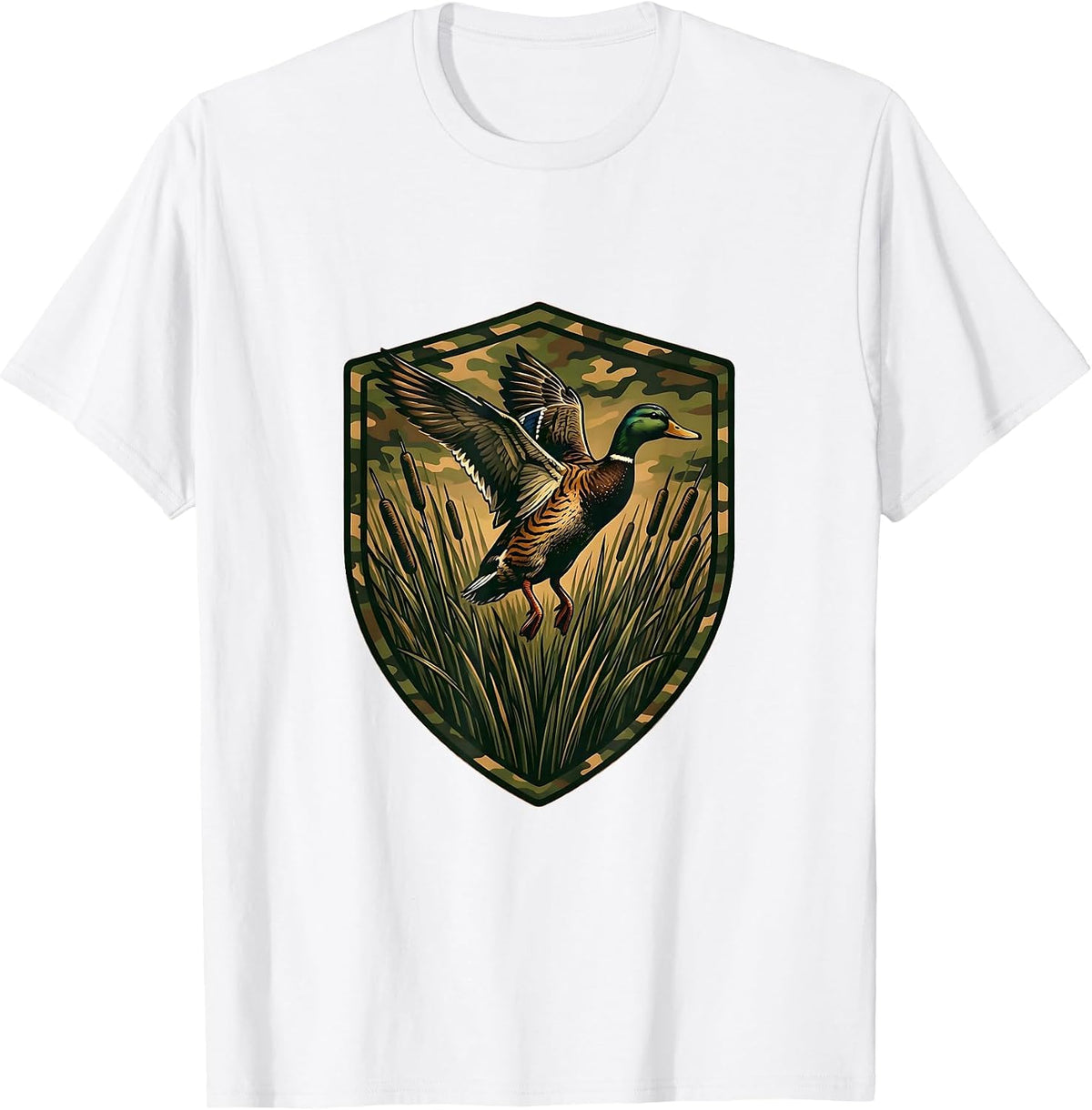Men's Camo Duck Hunter Emerging From Reeds Illustration T-Shirt - White