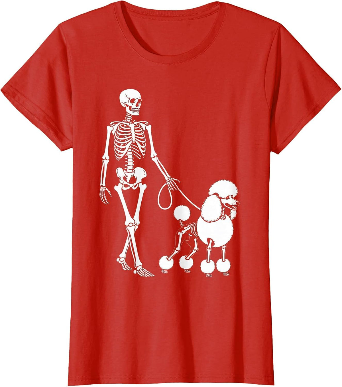Skeleton Walking Poodle Dog Lovers Halloween Humor T-Shirt - Red