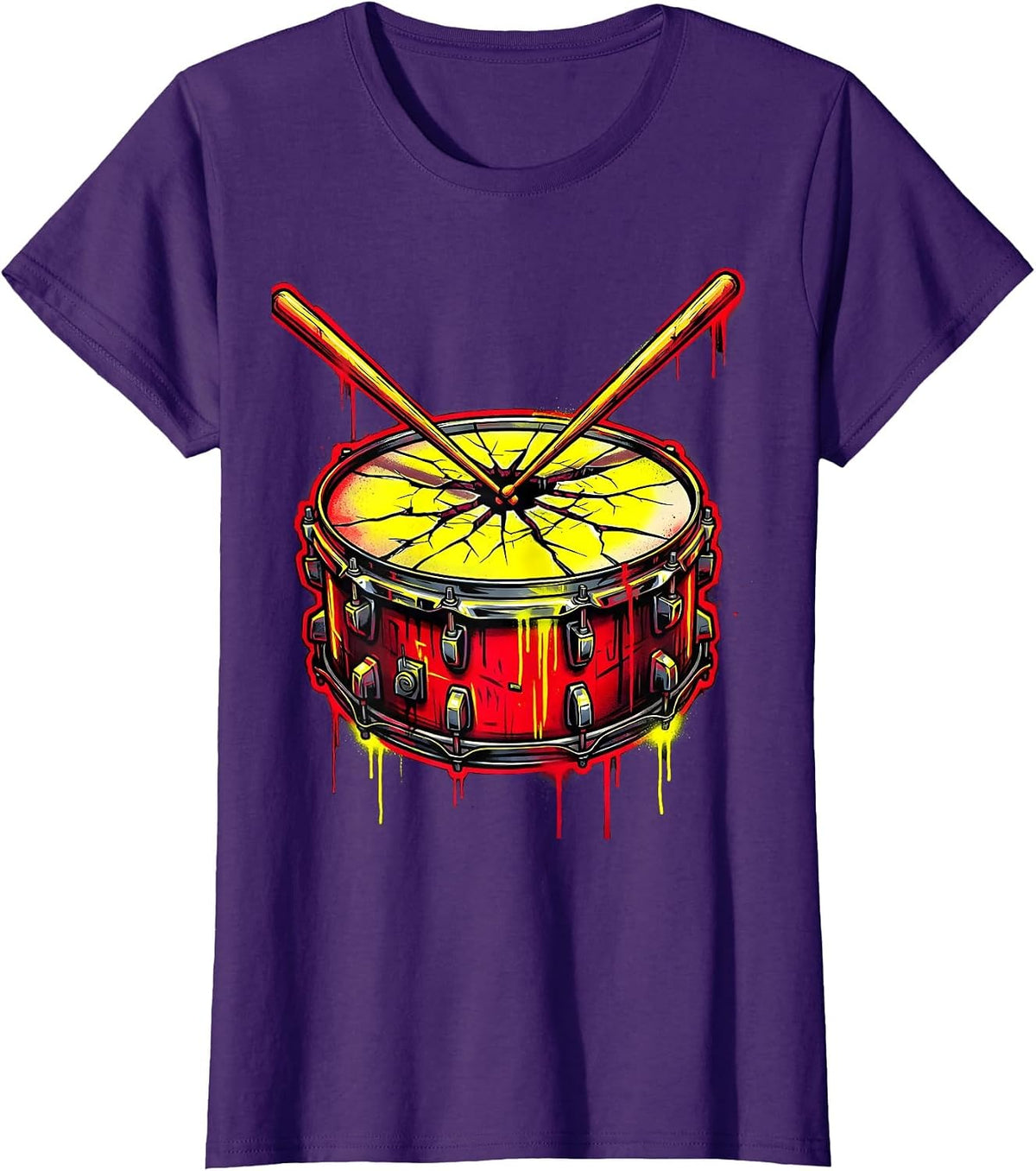 Women's Crossed Drumsticks Cracked Snare Drum Rock Graphic T-Shirt - Purple