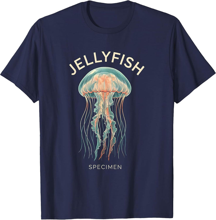 Jellyfish Specimen Whimsical Ocean Marine Animal T-Shirt - Navy Blue