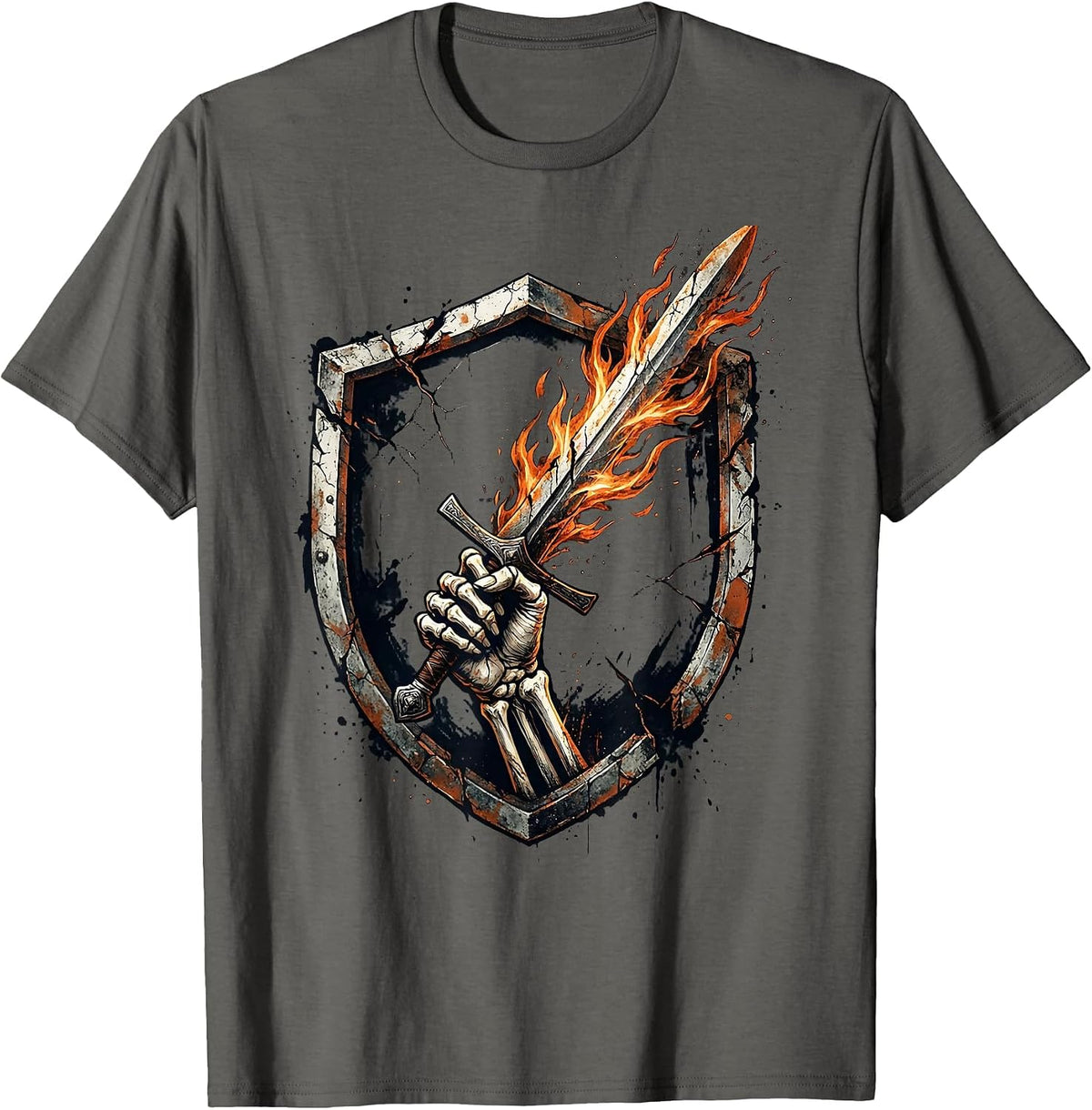 Skeleton Hand Flaming Sword Dark Fantasy Graphic T-Shirt - Asphalt Grey