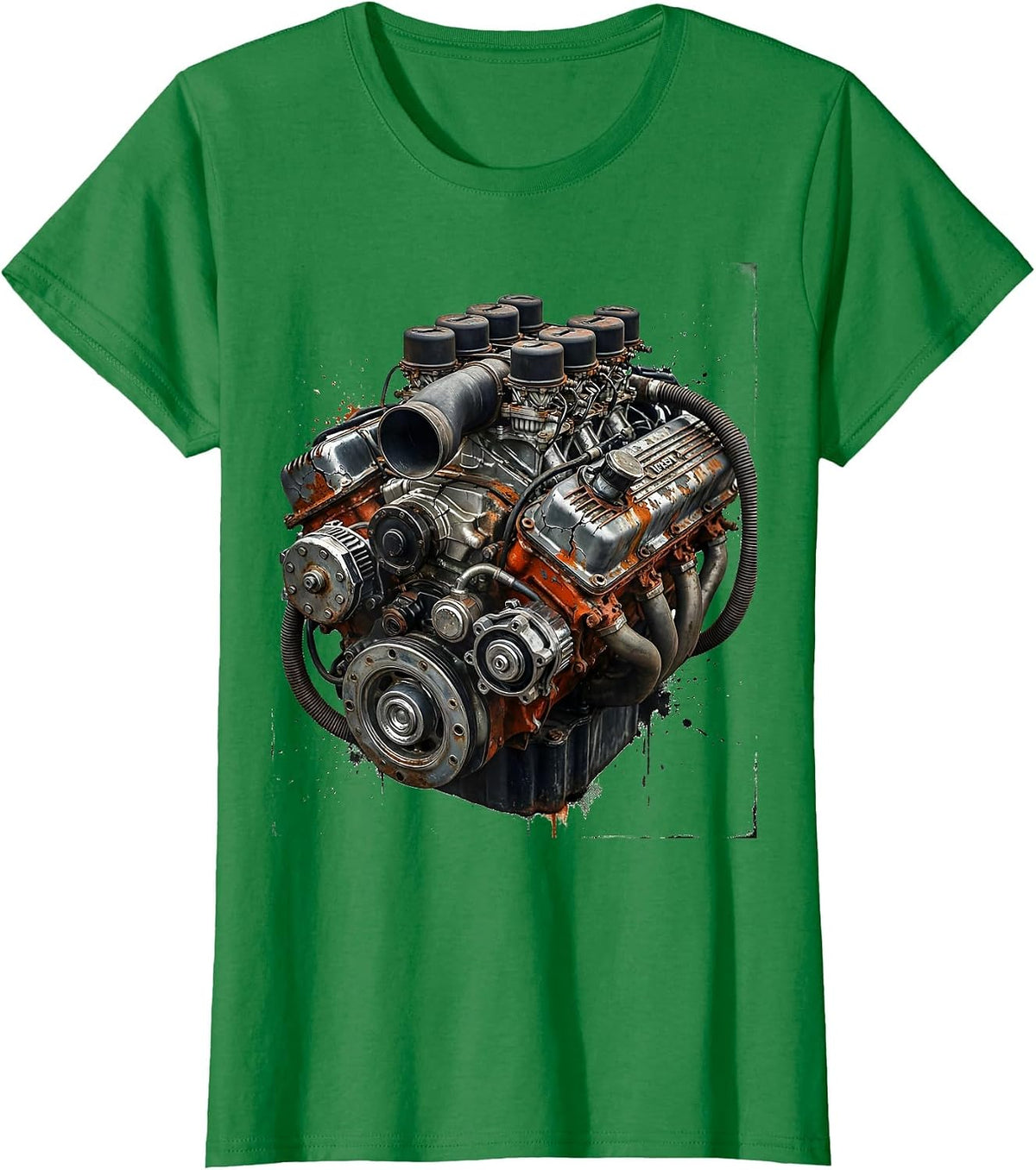Women's Vintage Engine Block Chrome Detail Illustration T-Shirt - Kelly Green