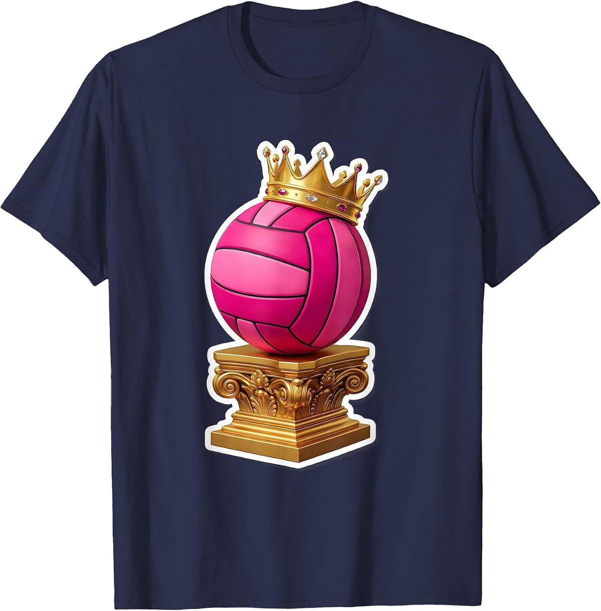 Crowned Pink Volleyball Queen on Throne Design T-Shirt - Navy Blue