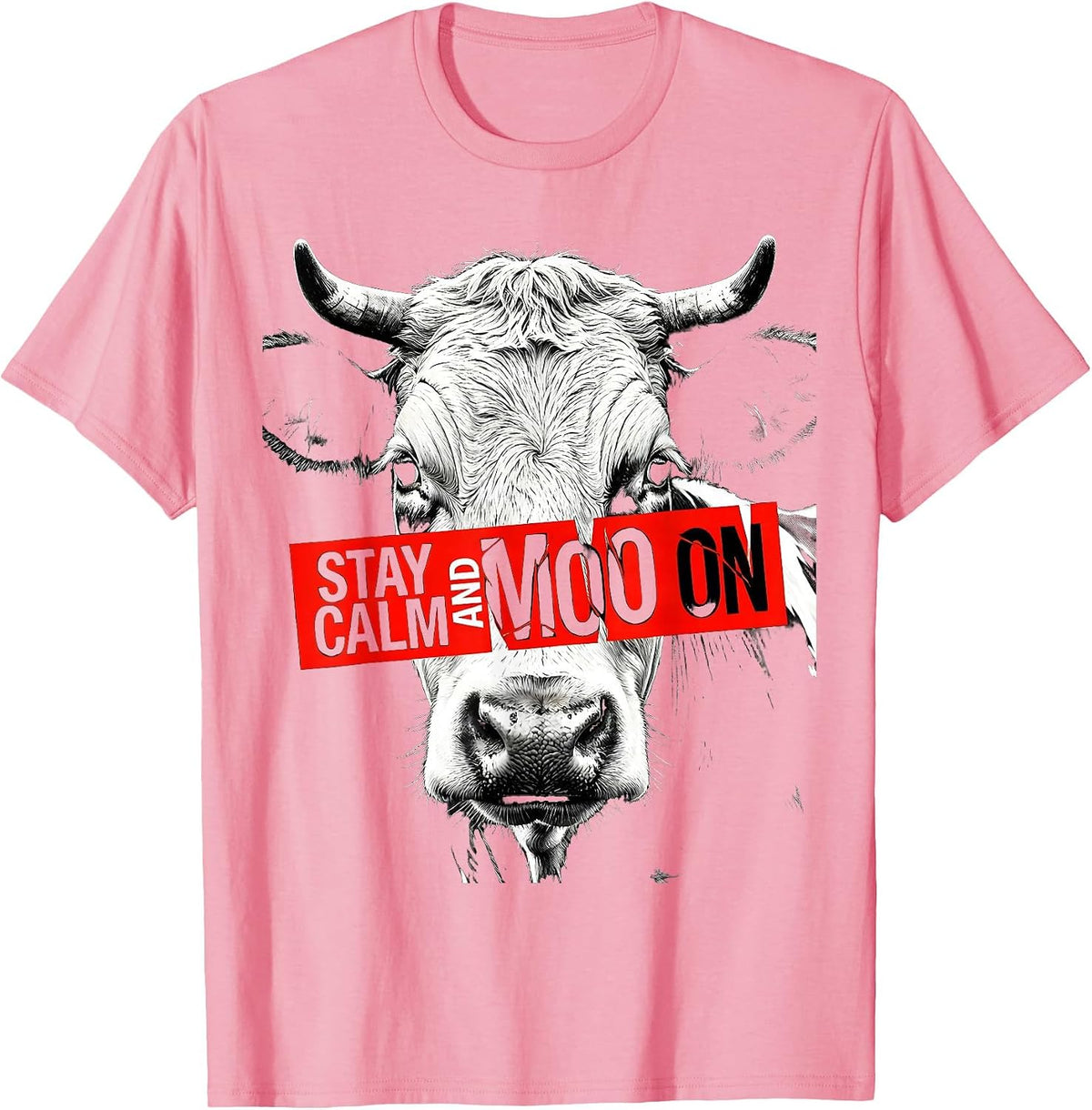 Men's Stay Calm and Moo On Funny Cow Design T-Shirt - Pink