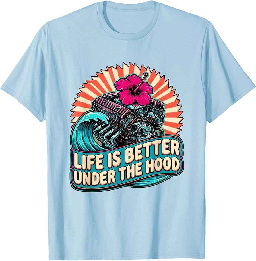 Men's Life Is Better Under The Hood Car Enthusiast Design T-Shirt - Baby Blue