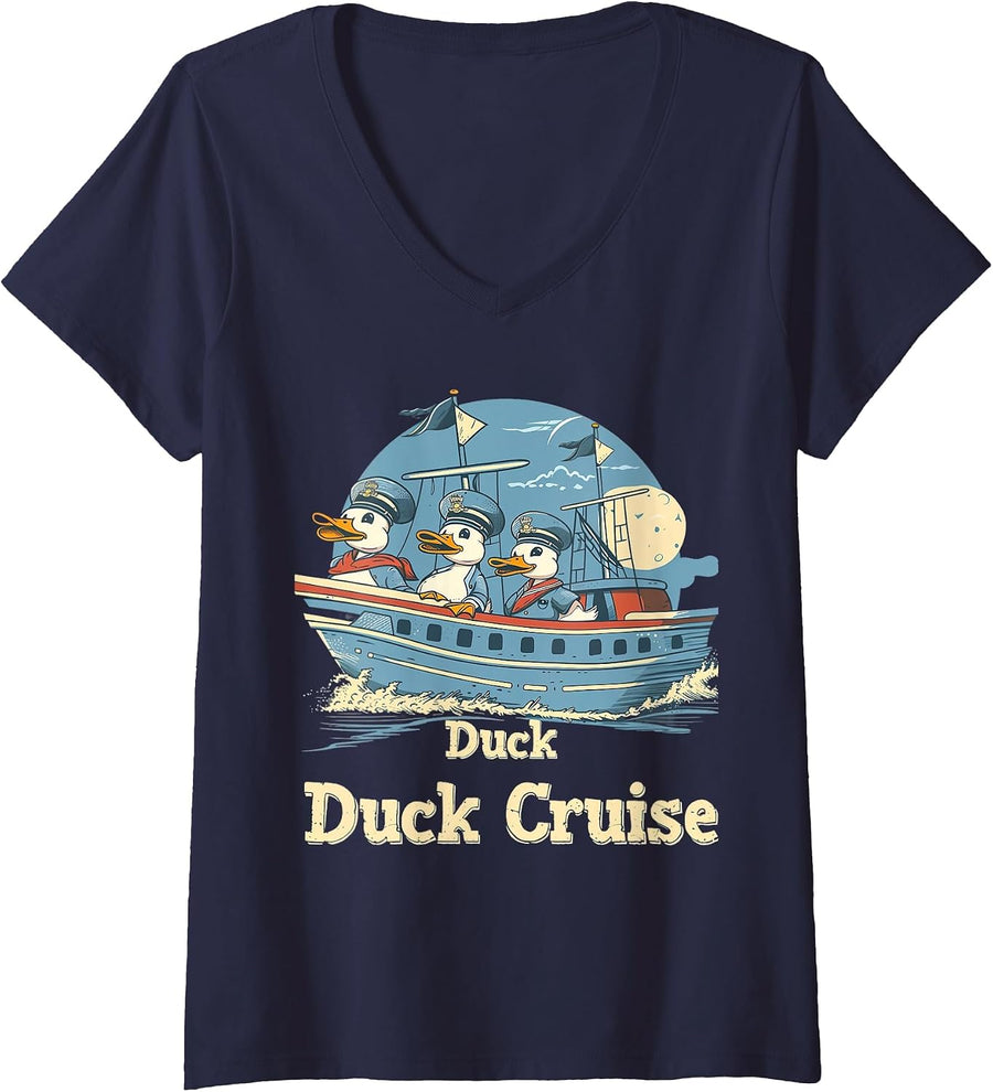 Women's Duck Duck Cruise World Peace Tour V-Neck T-Shirt - Navy Blue