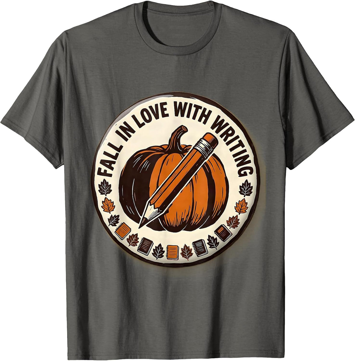 Fall In Love With Writing Retro Pumpkin Teacher Autumn Humor T-Shirt - Asphalt Grey