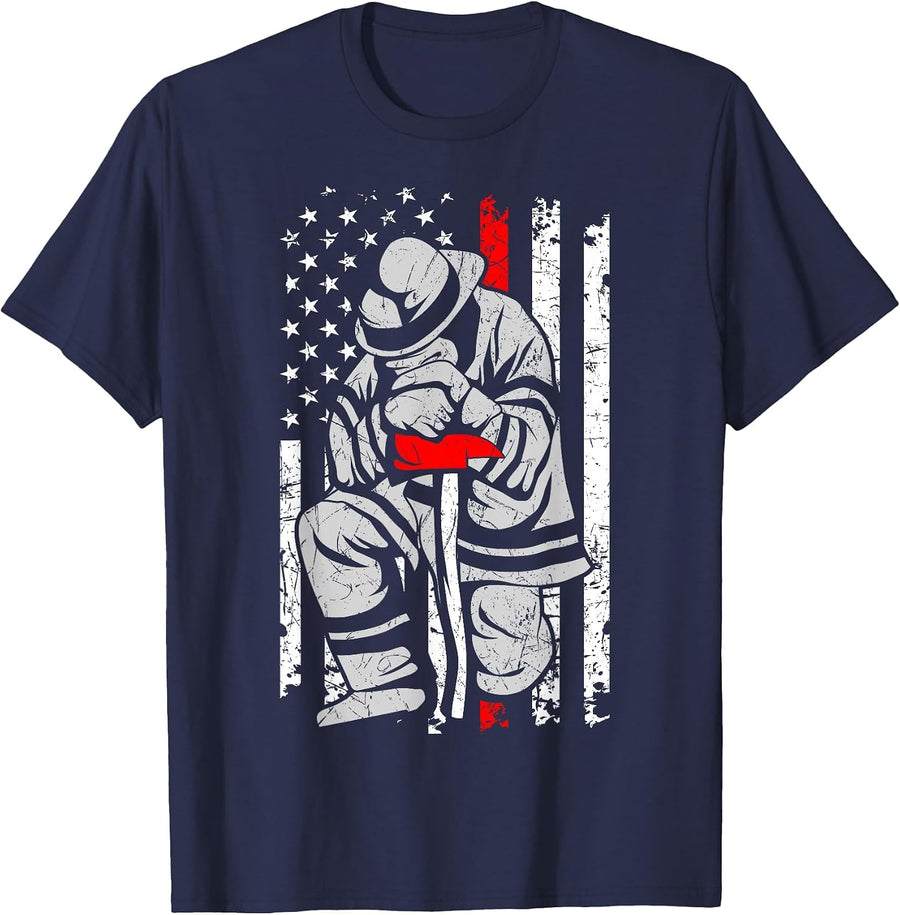 Firefighter Thin Red Line Retro Patriotic Rescuer Fireman T-Shirt - Navy Blue