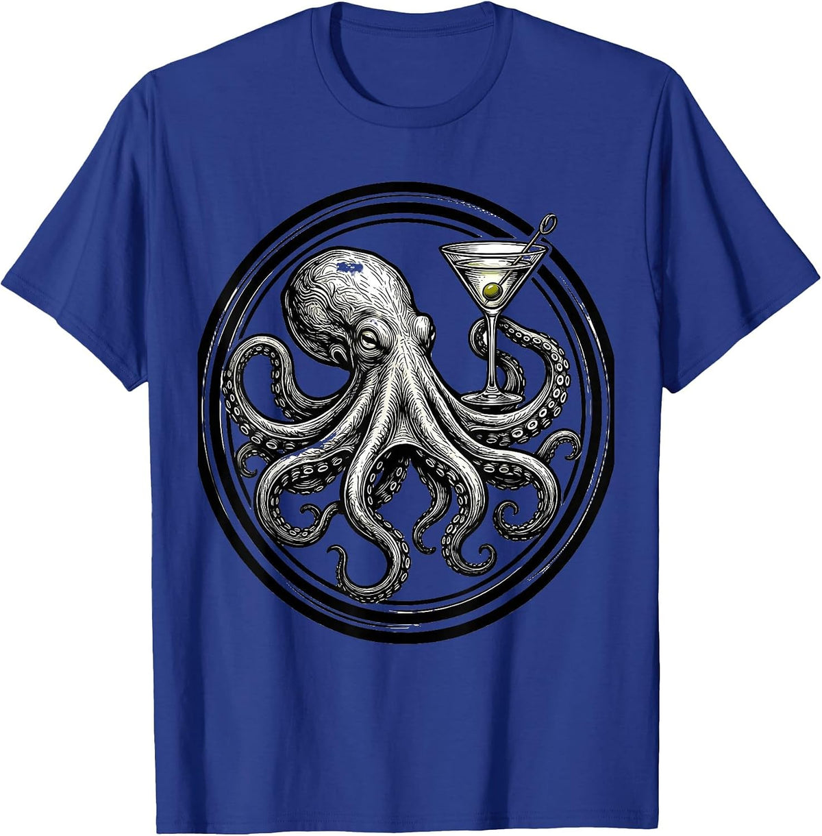 Octopus Martini Glass Cocktail Bar Art T-Shirt - Royal Blue