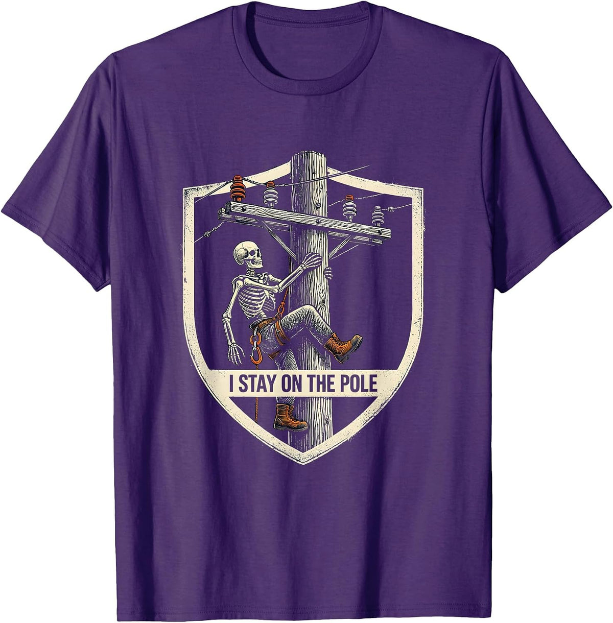 I Stay On The Pole Funny Electrician Lineman Skeleton Trade T-Shirt - Purple