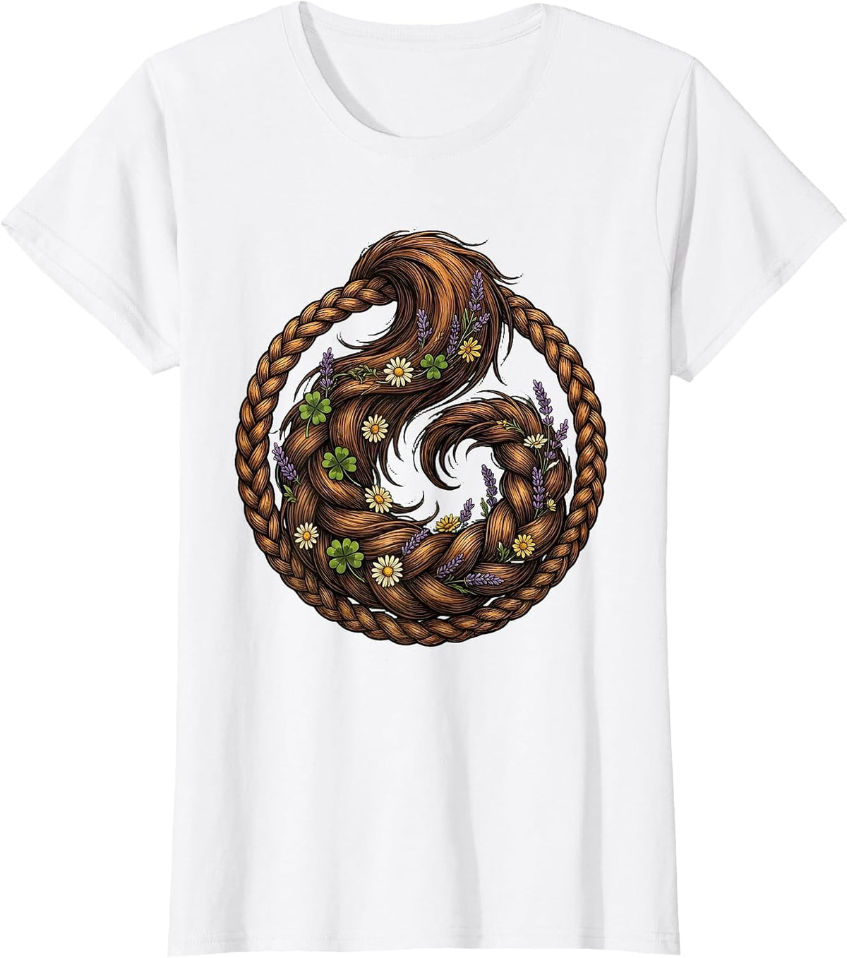 Braided Horse Tail with Wildflowers Illustration T-Shirt - White