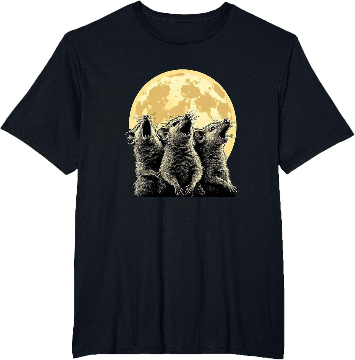 Three Possums Howling at the Moon - Funny 3 Opossum Howl T-Shirt - Black
