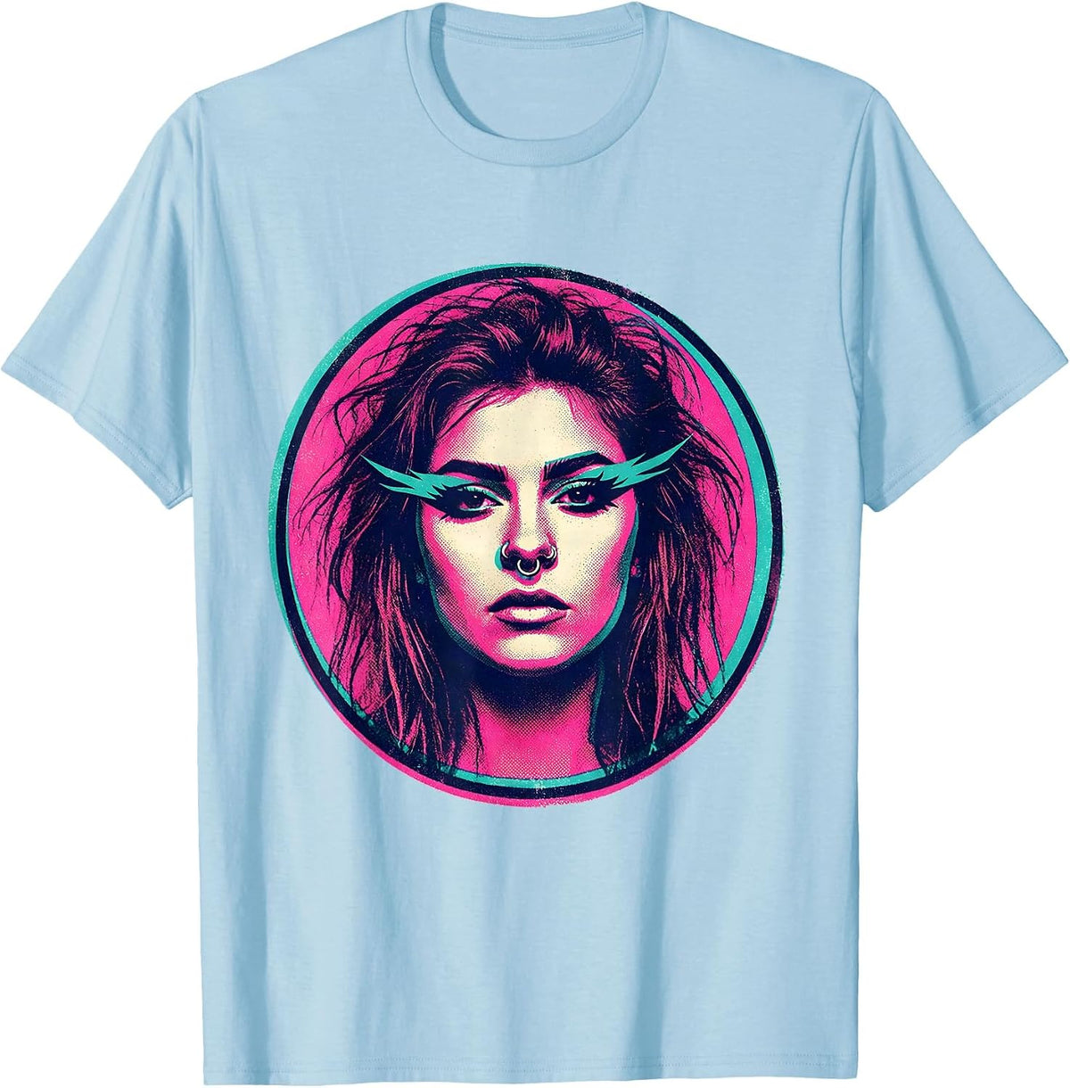 Men's Grunge Winged Eyeliner Nose Ring Illustration T-Shirt - Baby Blue