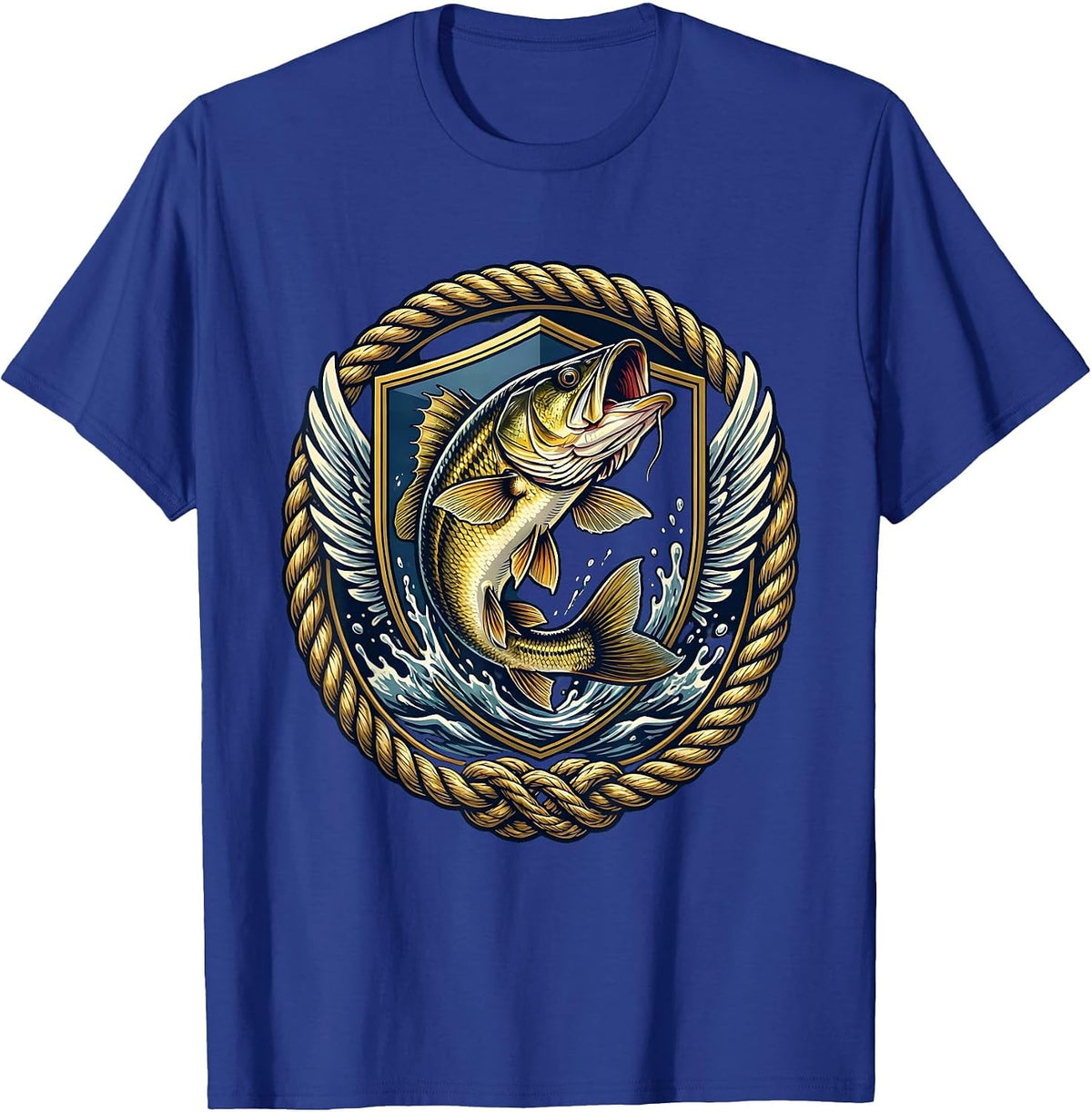 Men's Bass Fish Crashing Through Water Surface Design T-Shirt - Royal Blue