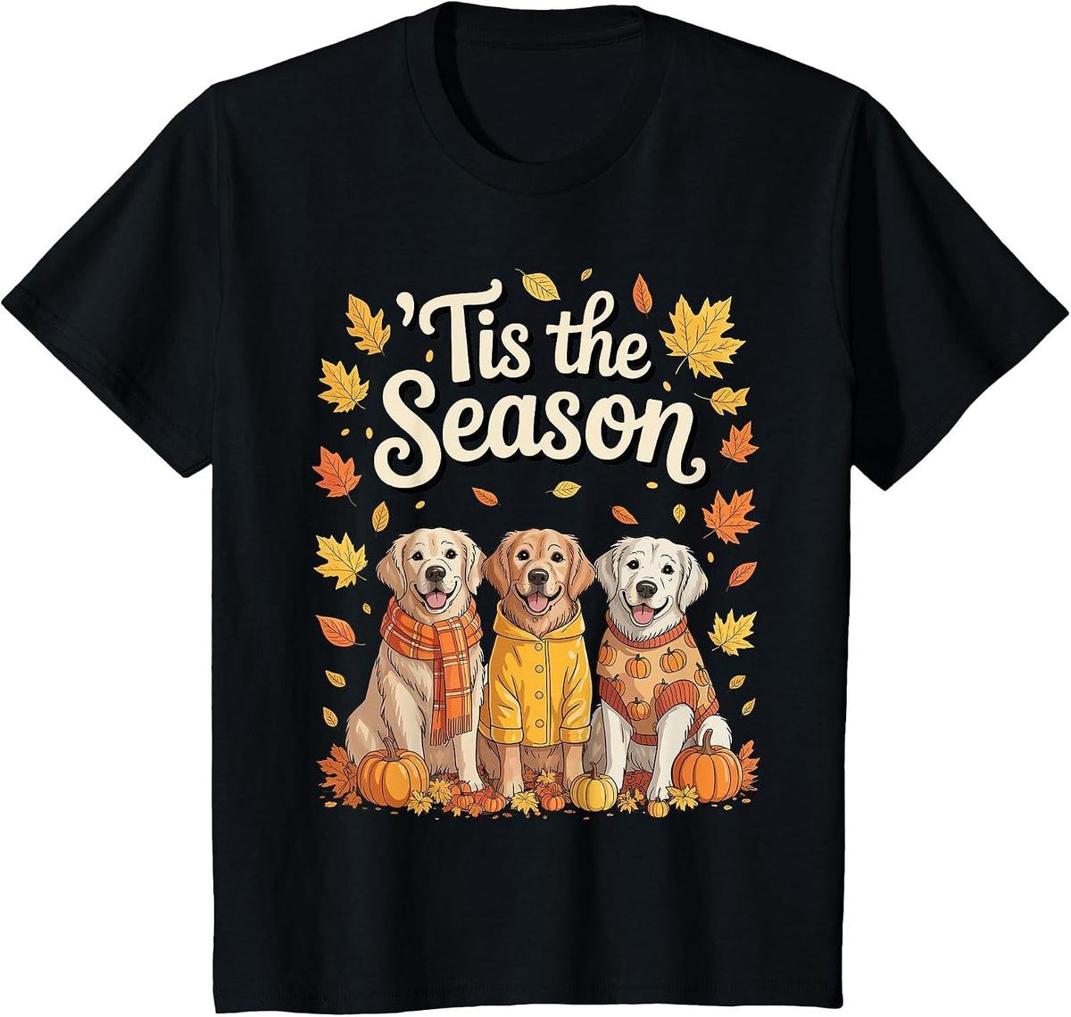 Tis The Season Golden Retriever Fall Autumn Pumpkin Dog T-Shirt - Black