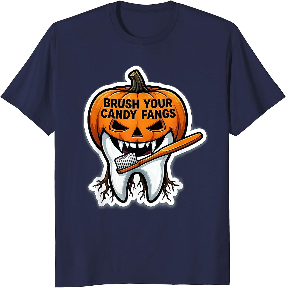 Men's Brush Your Candy Fangs Funny Dentist Halloween Dental Pun T-Shirt - Navy Blue