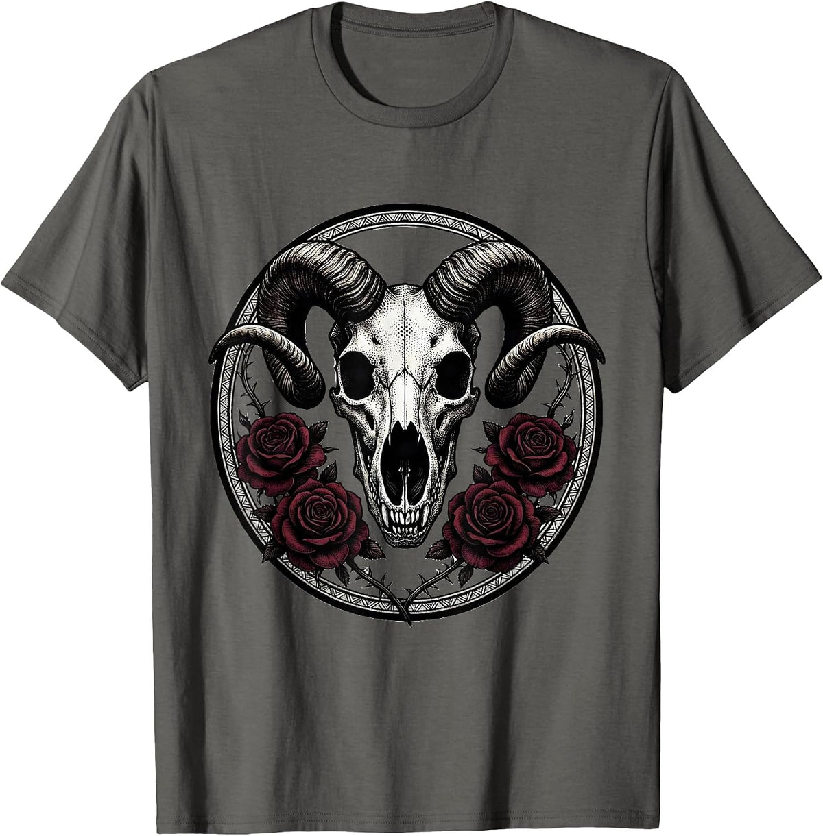 Wolf Skull Ram Horns Roses Halloween Graphic T-Shirt - Asphalt Grey