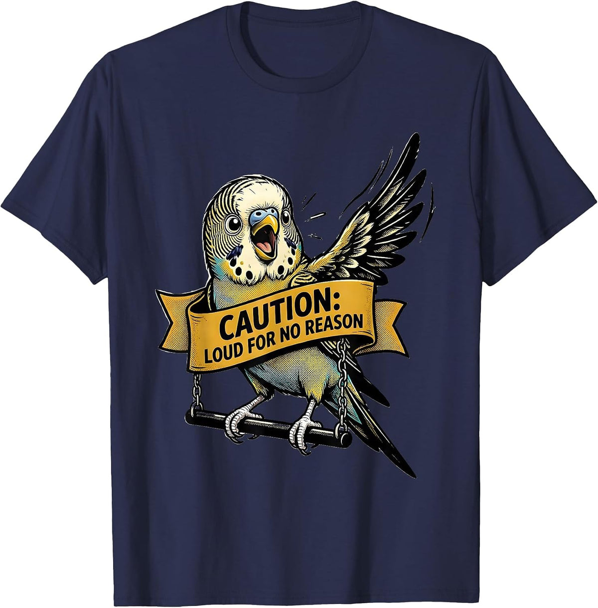 Men's Caution: Loud For No Reason Retro Cartoon Budgie Bird Owner T-Shirt - Navy Blue