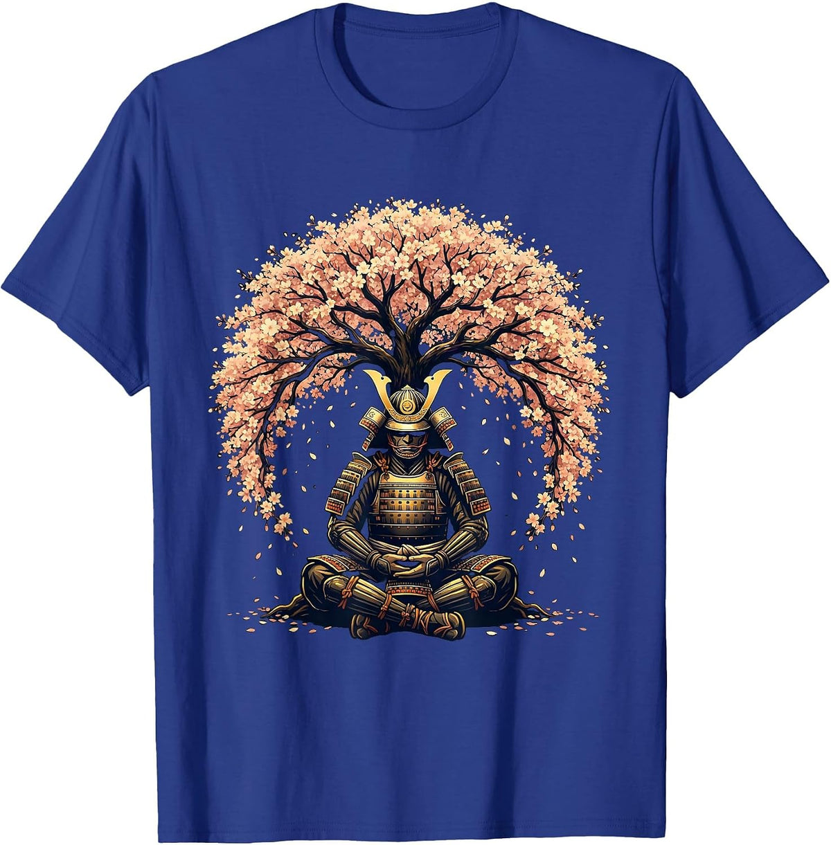 Samurai Meditation Cherry Blossom Graphic T-Shirt - Royal Blue