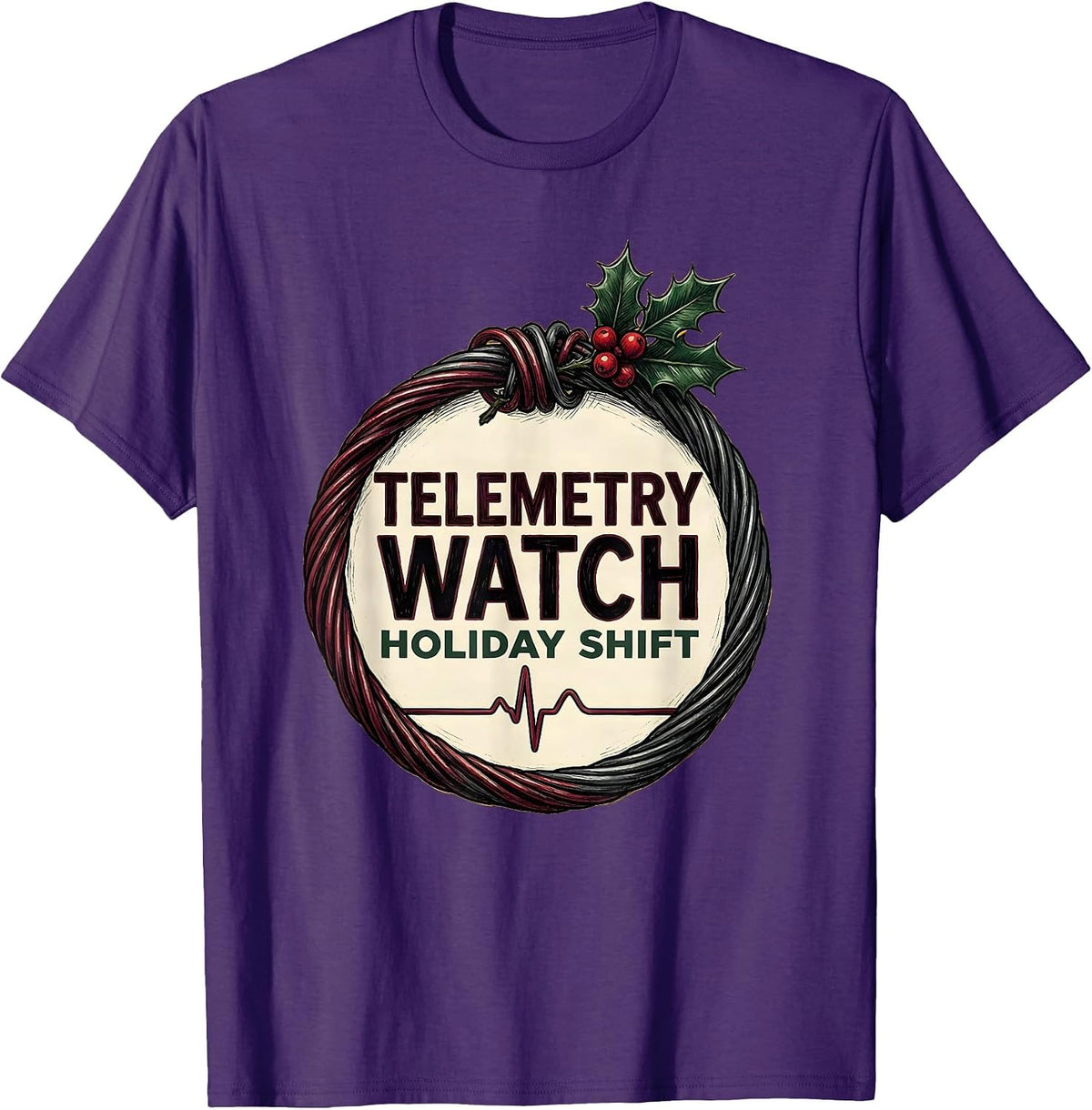 Telemetry Watch Holiday Shift Funny Cardiac Tech EKG Humor T-Shirt - Purple