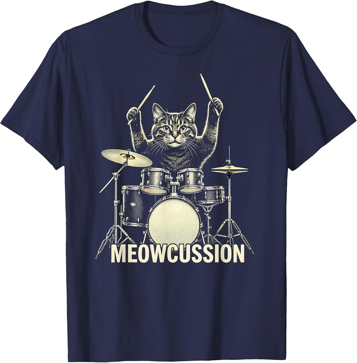 Meowcussion Cat Drummer Rock Humor Pet Lover Gift T-Shirt - Navy Blue