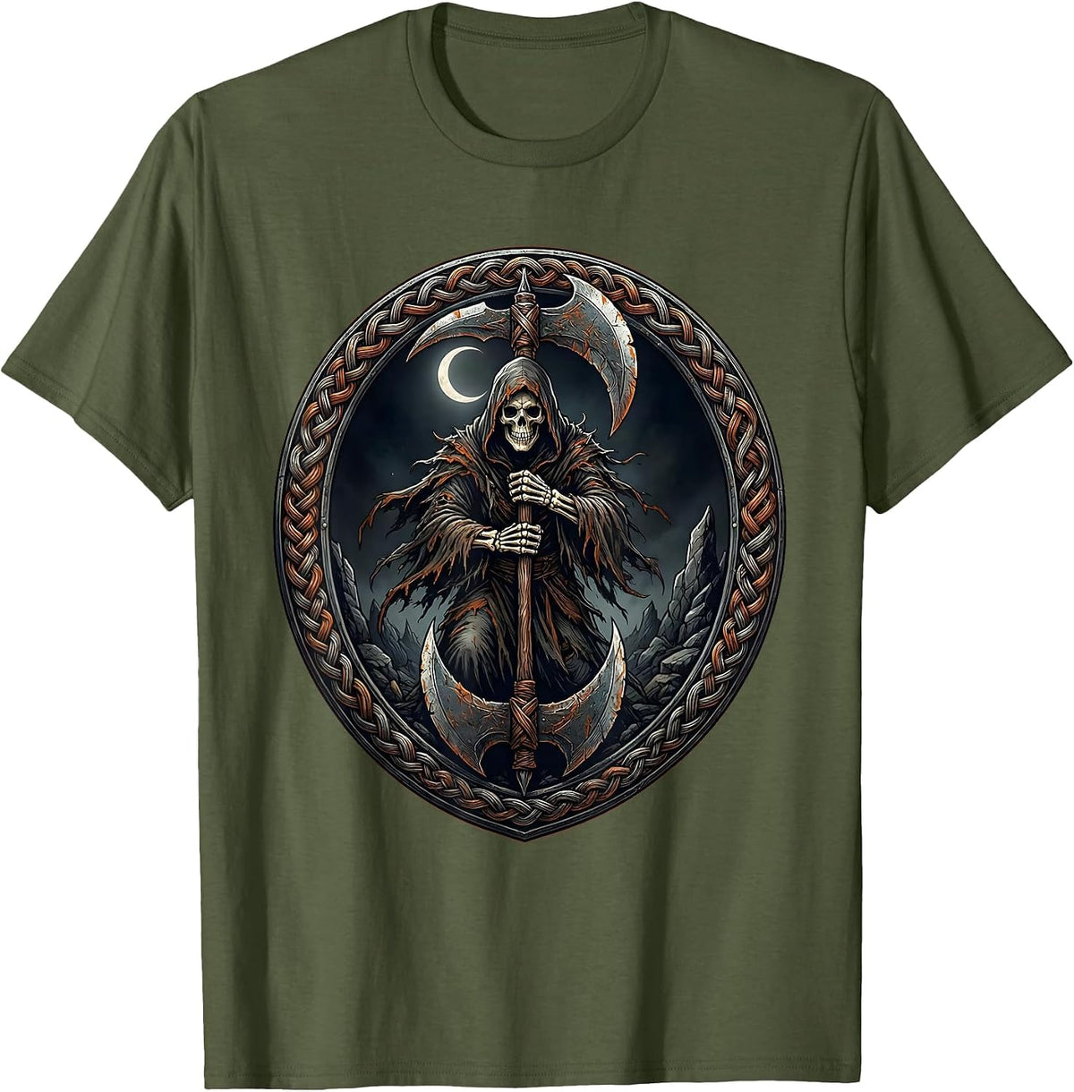 Men's Heavy Metal Grim Reaper Double-Bladed Battle Axe T-Shirt - Olive Green