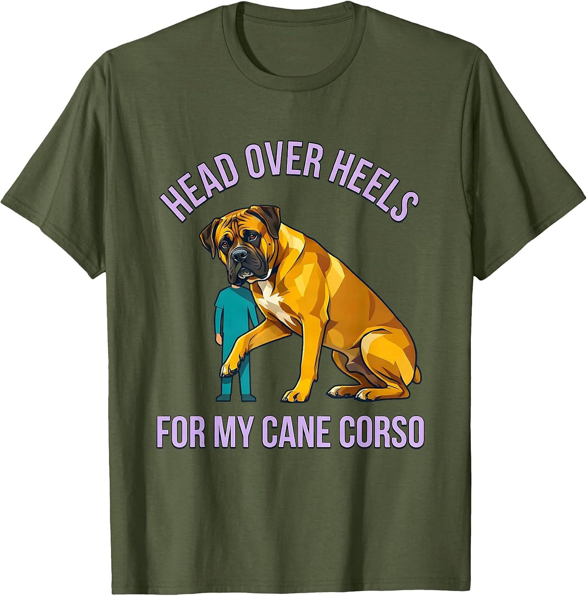 Men's Head Over Heels For My Cane Corso Flat Vector Dog Owner T-Shirt - Olive Green