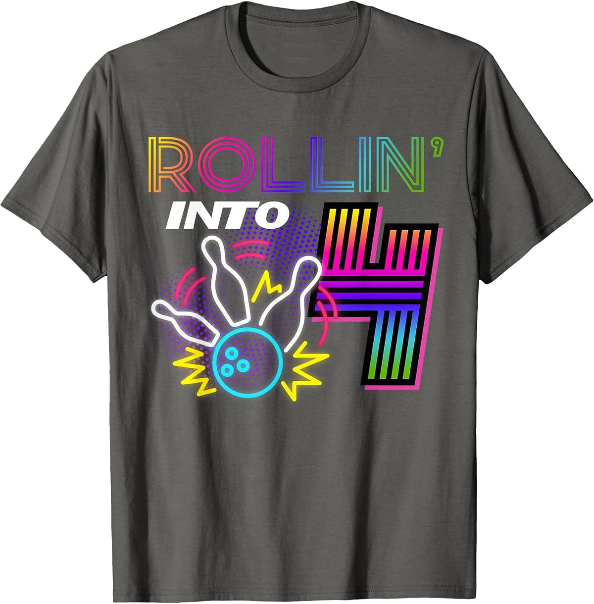 Rollin into 4 Year Old Birthday Bowling Party 4th Bday Retro T-Shirt - Asphalt Grey