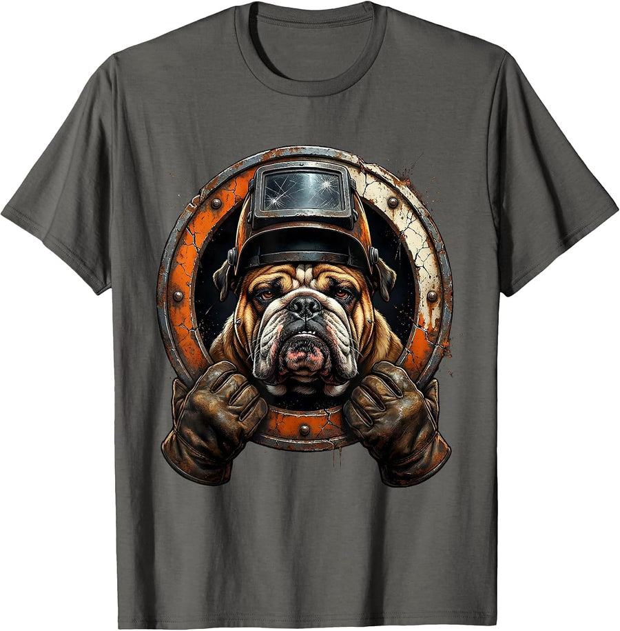 Bulldog Welder Graphic - Welding Helmet Dog Art T-Shirt - Asphalt Grey