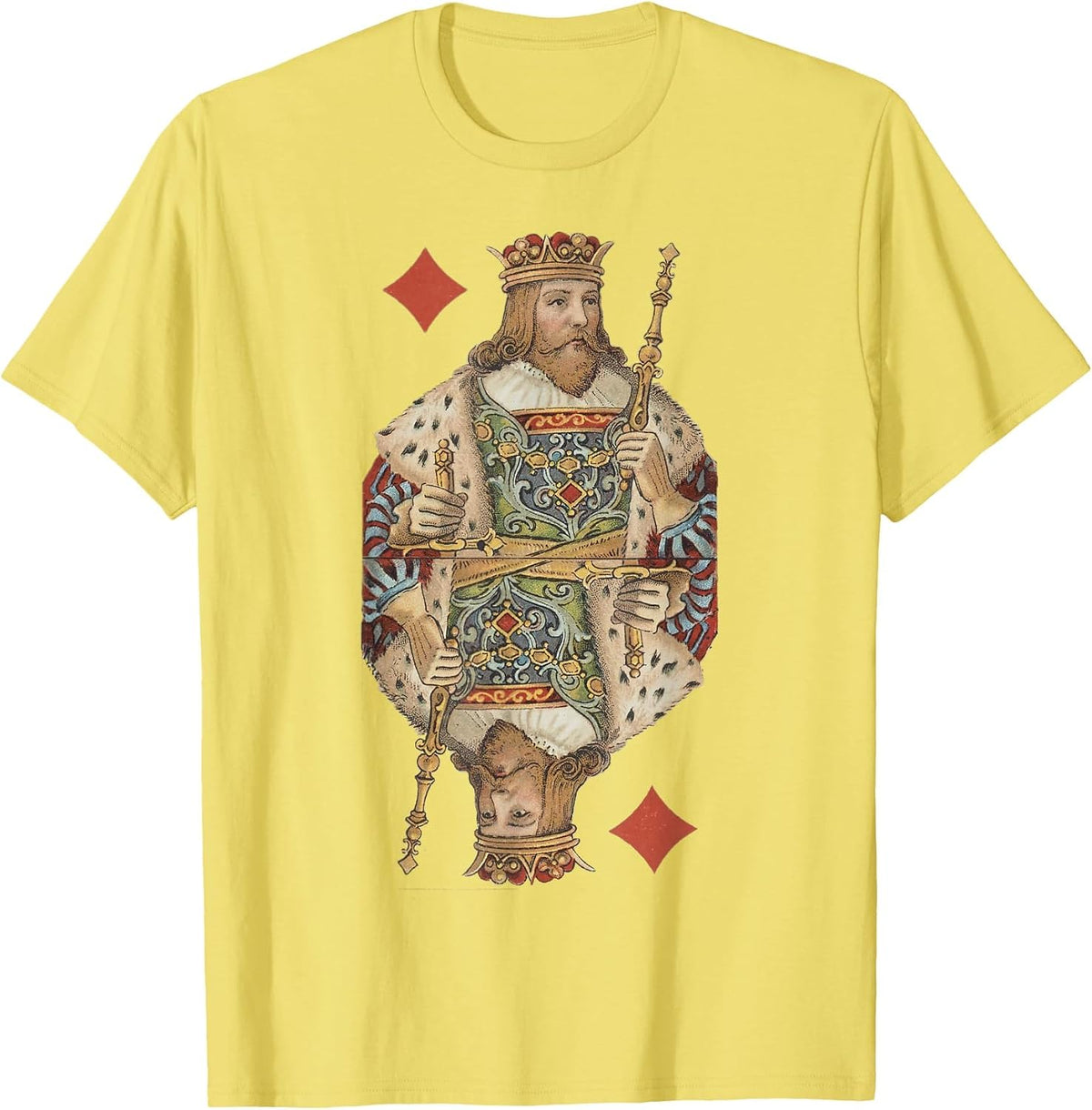 King of Diamonds Antique Art Nouveau Playing Card Art T-Shirt, Men, Lemon Yellow, Large - As Pictured