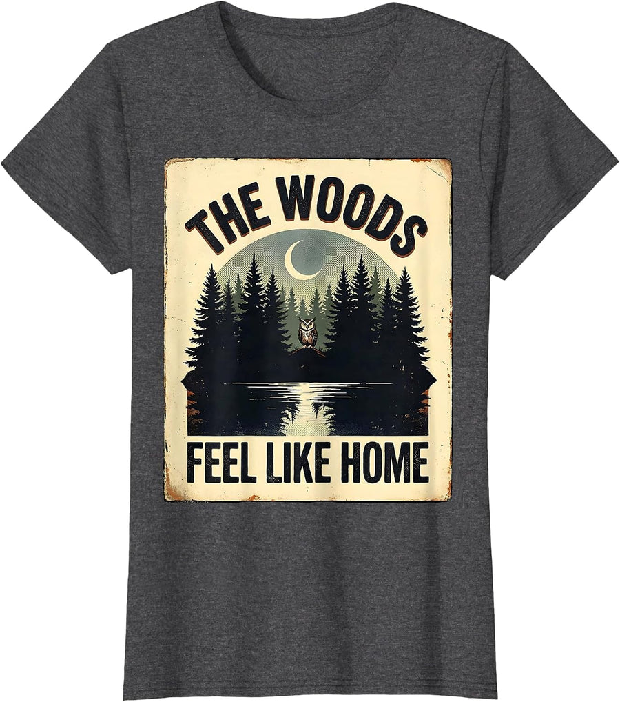 Women's The Woods Feel Like Home Distressed Vintage Forest Wildlife T-Shirt - Dark Heather Grey