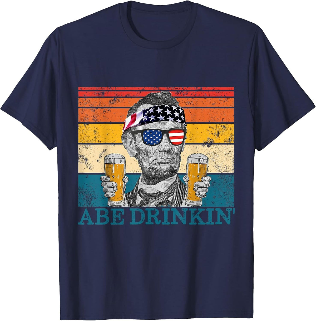Abe Drinkin' Retro Drinking President Abraham Lincoln T-Shirt - Navy Blue