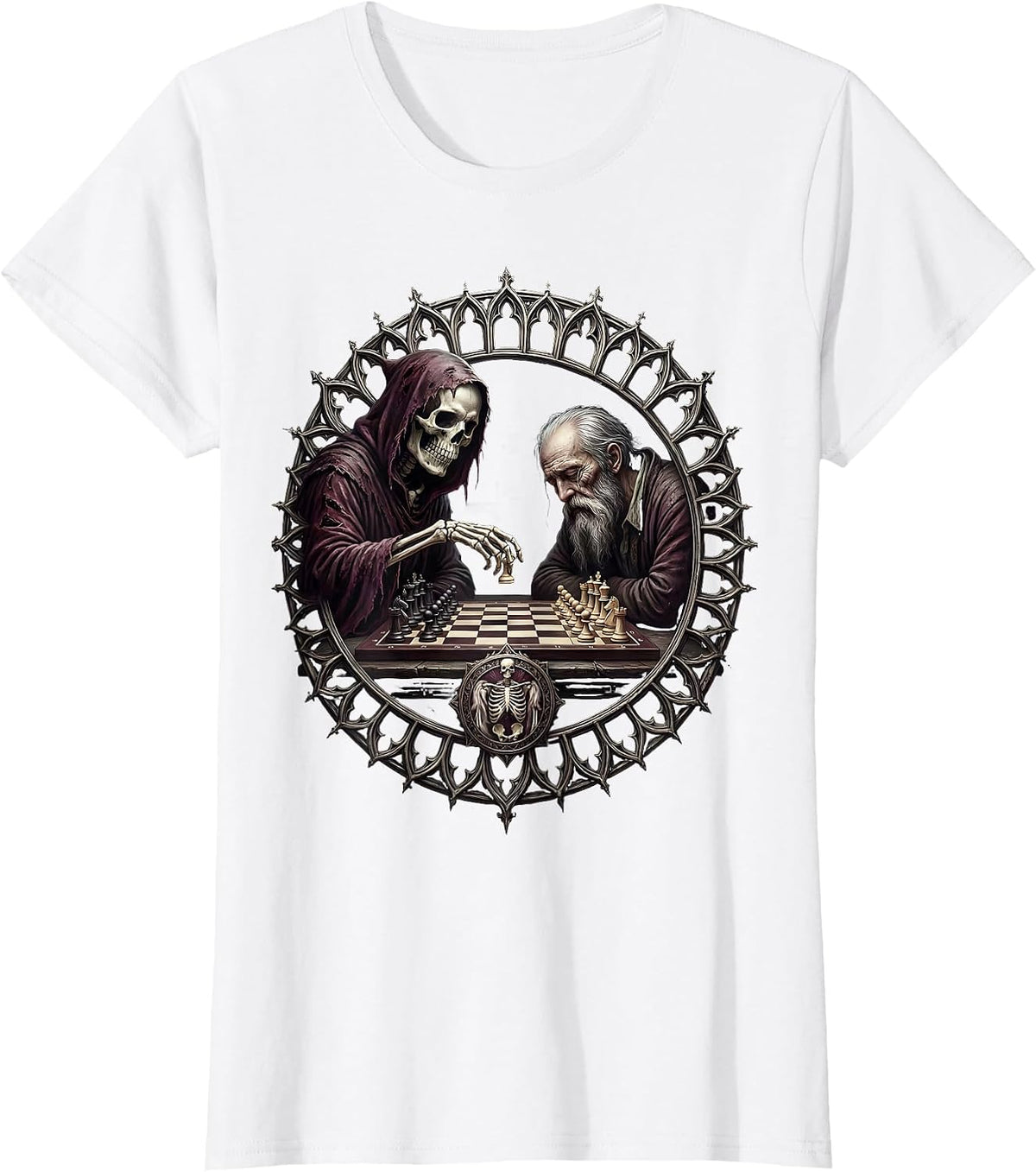 Death Playing Checkers With Elderly Man Graphic T-Shirt - White