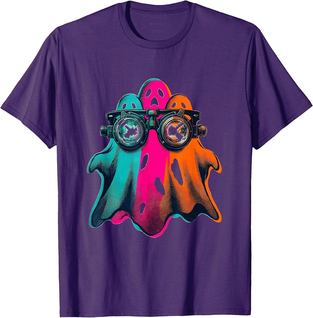 Men's Friendly Ghost Optometrist Risograph Halloween Boo Crew T-Shirt - Purple
