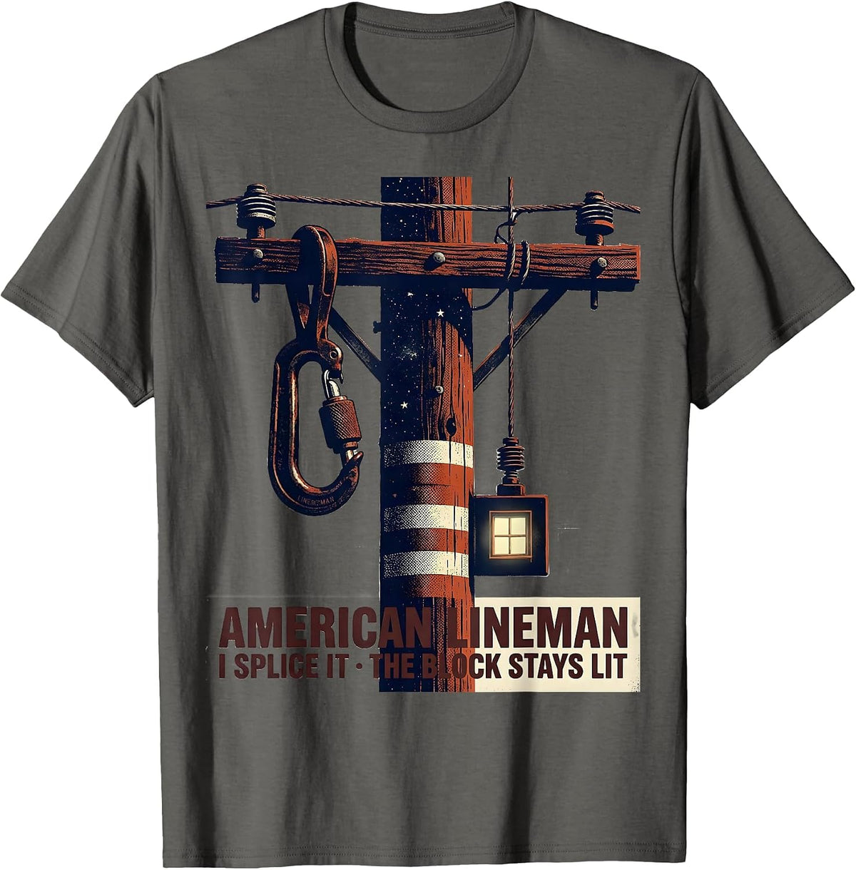 Men's American Lineman, I Splice It, The Block Stays Lit T-Shirt - Asphalt Grey