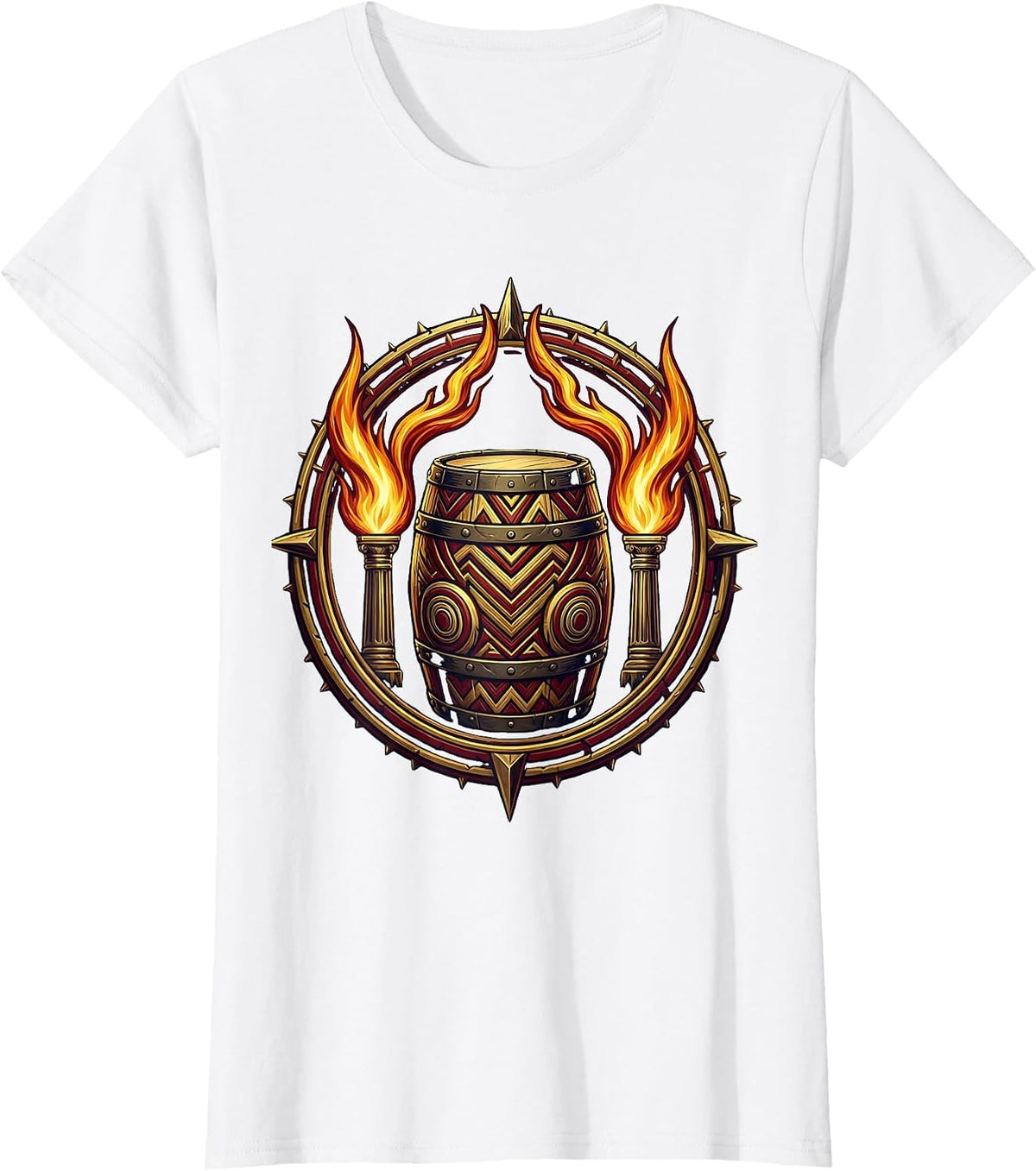 Tribal Drum Rising Flames Graphic Design T-Shirt - White