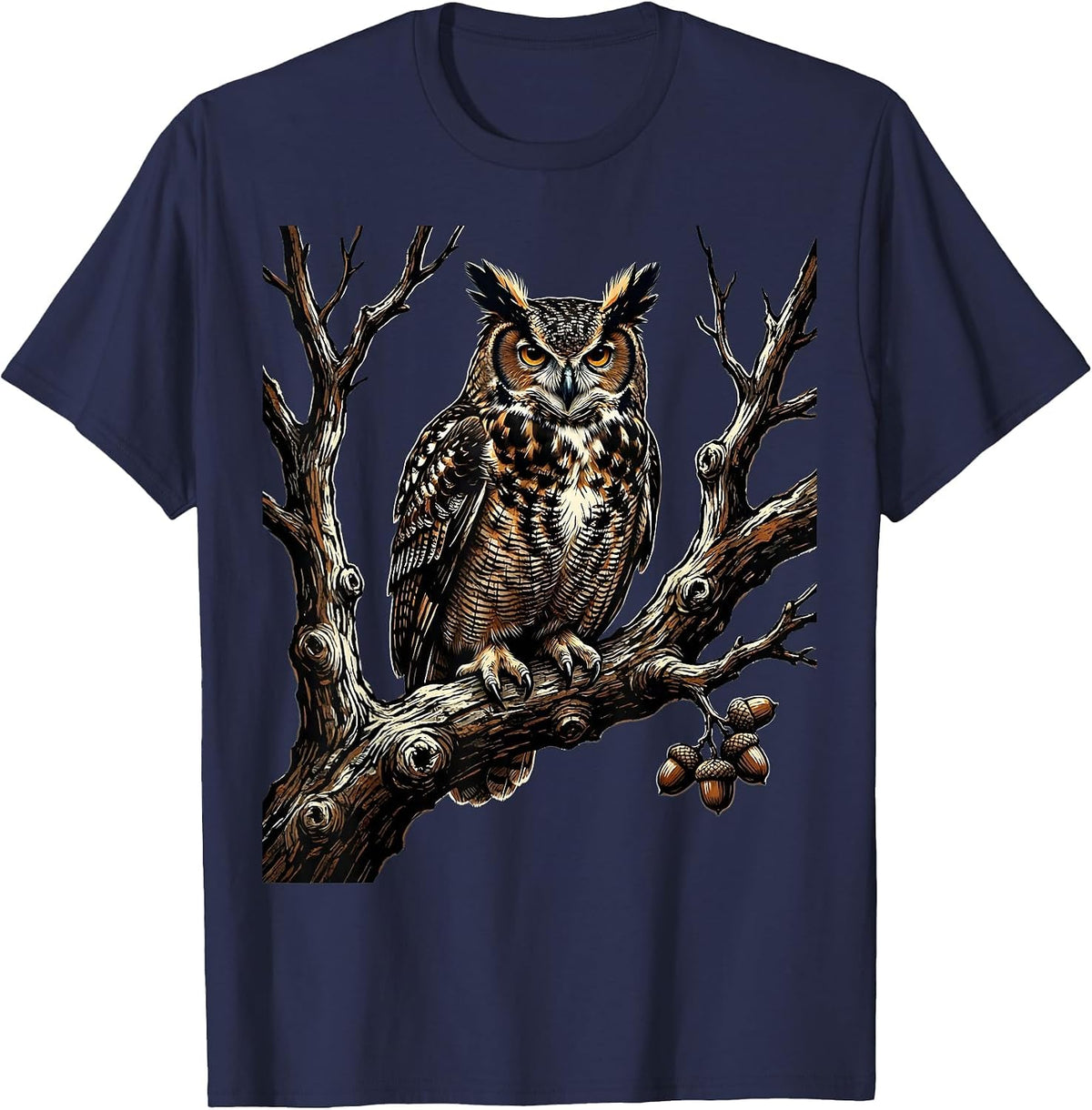 Men's Owl on Bare Oak Branch Fall Nature Illustration T-Shirt - Navy Blue
