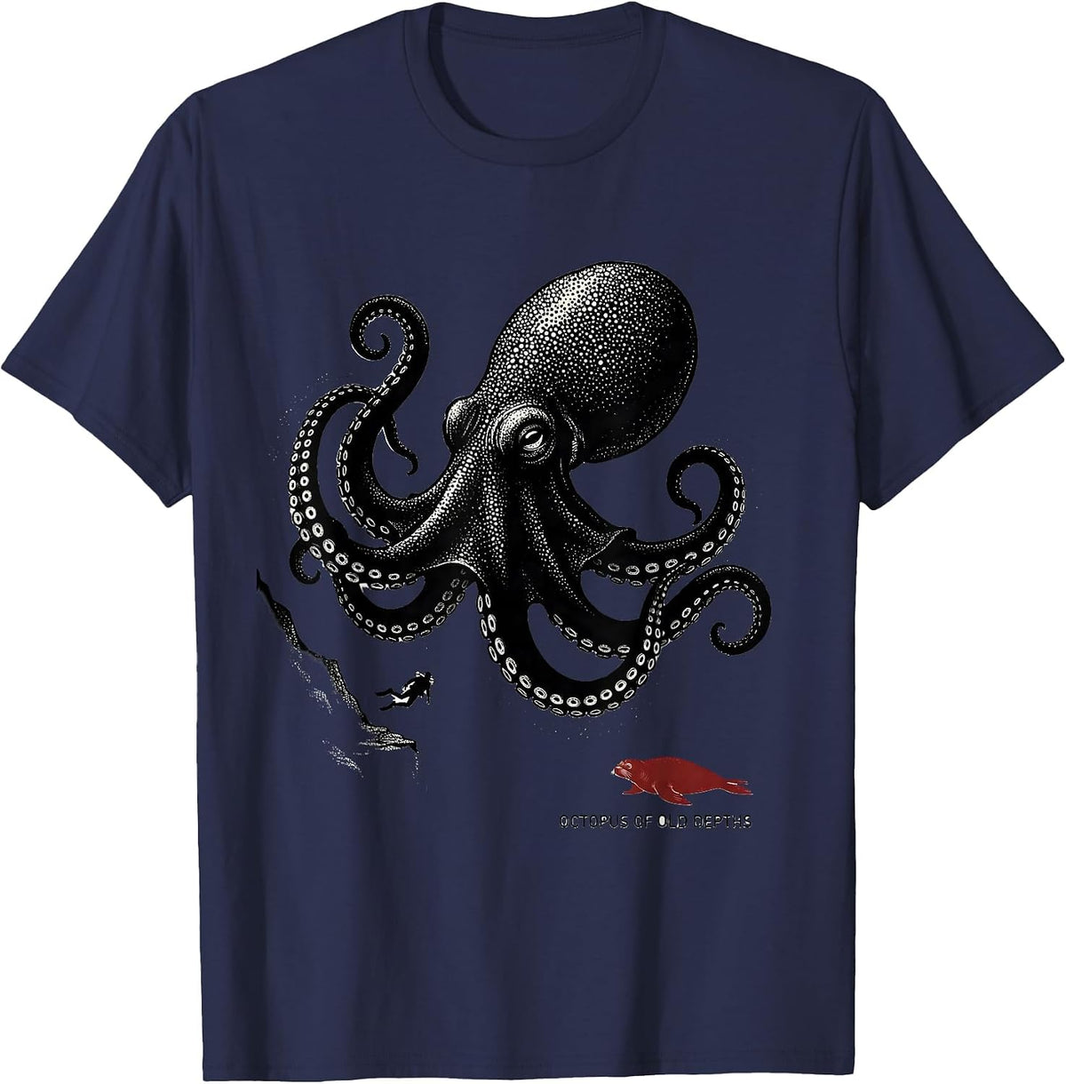 Men's Octopus of Old Depths Blackwork Dotwork Ocean Animal Lover T-Shirt - Navy Blue
