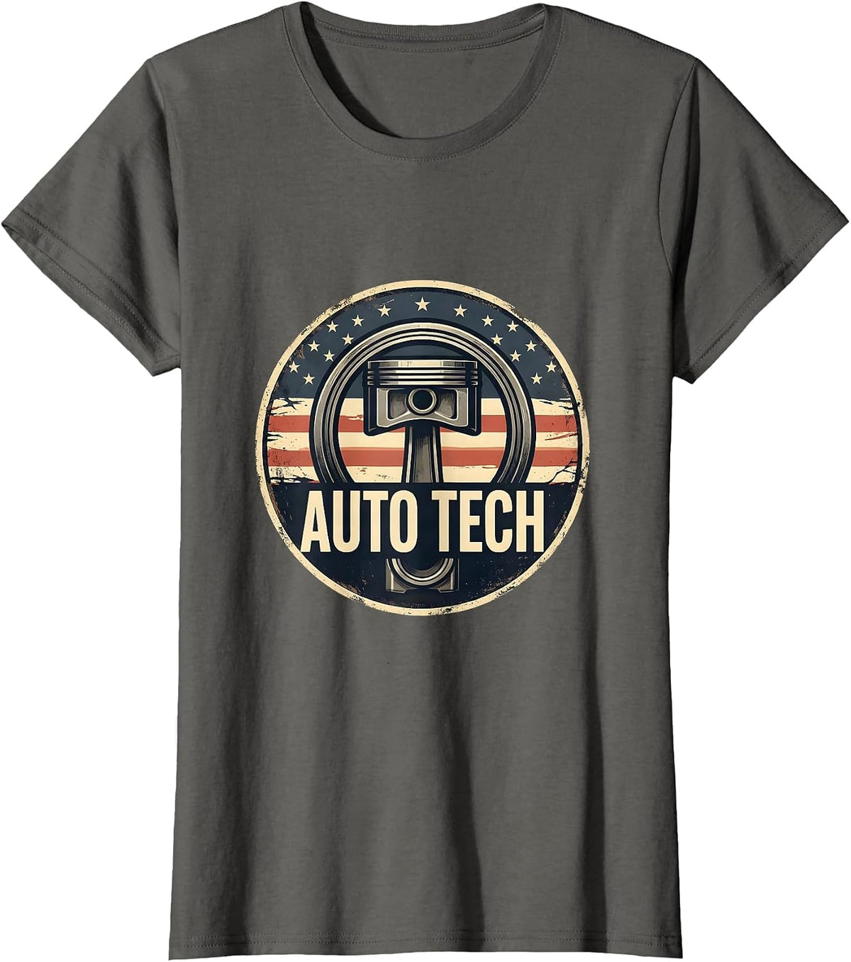 Women's Auto Tech Distressed American Flag Mechanic Oilfield Worker T-Shirt - Asphalt Grey