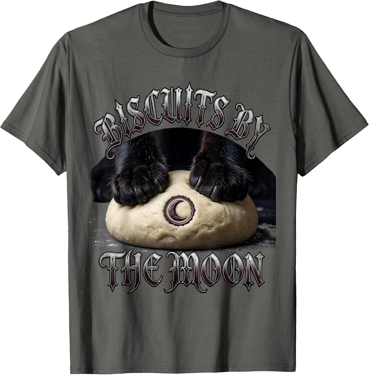 Biscuits By The Moon Gothic Cat Lover Bakery Humor T-Shirt - Asphalt Grey