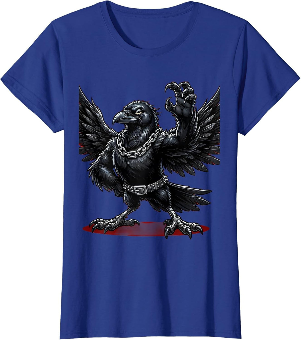 Women's Rebellious Crow Chains and Studded Belt Graphic T-Shirt - Royal Blue