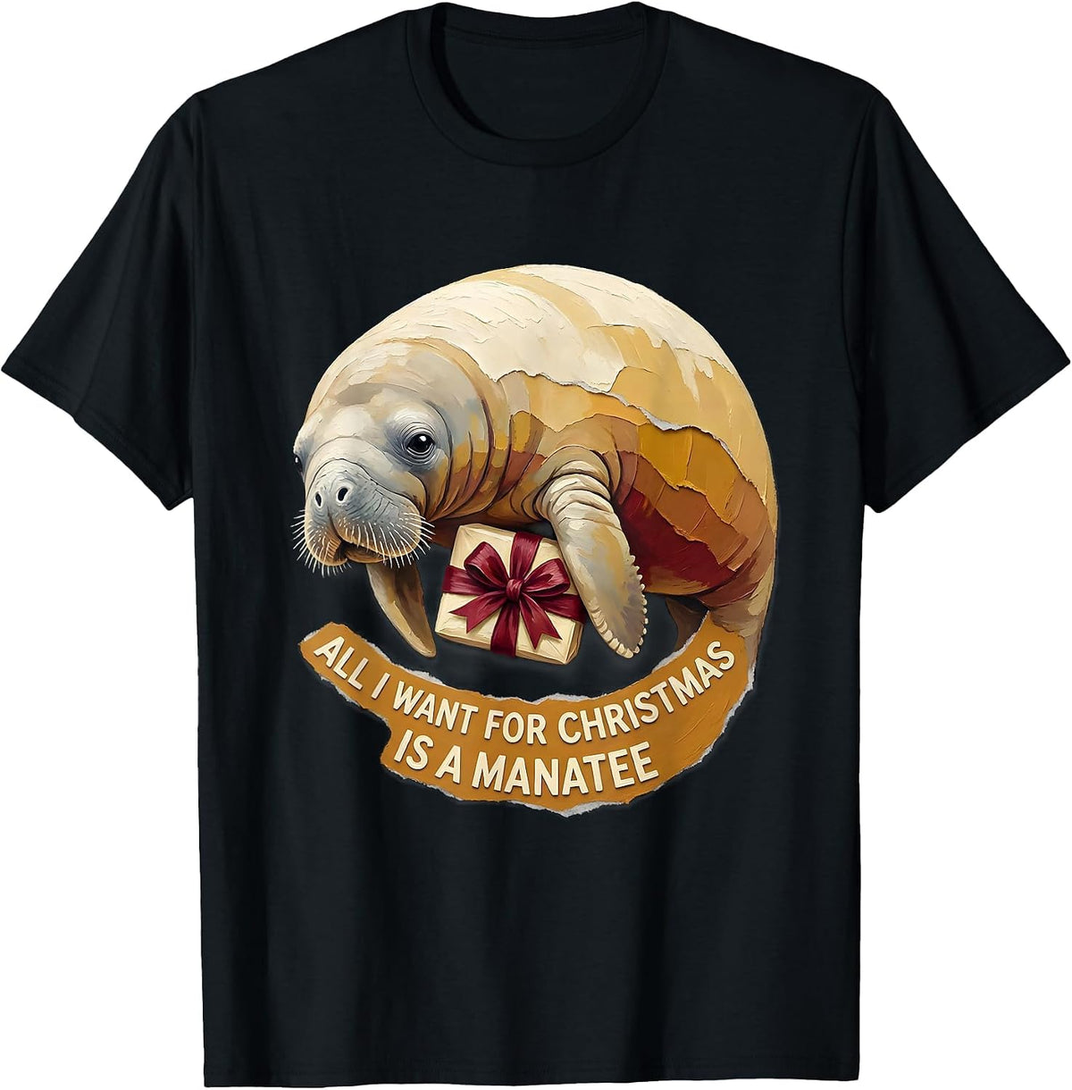 Men's All I Want For Christmas Is A Manatee Funny Ugly Sweater T-Shirt - Black