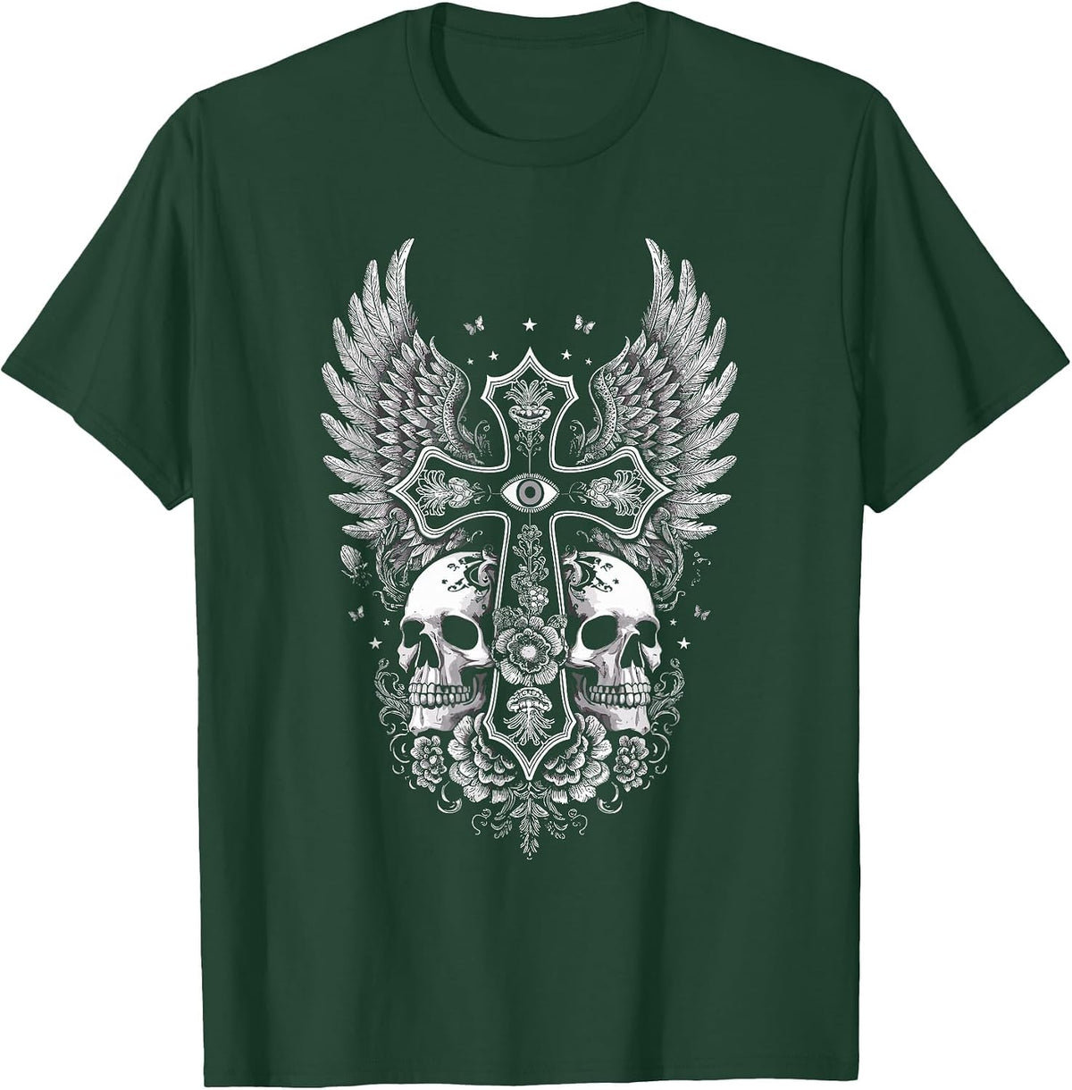 Emo Y2K Grunge Aesthetic Alt Goth Skull Cross Gothic T-Shirt - Dark Green
