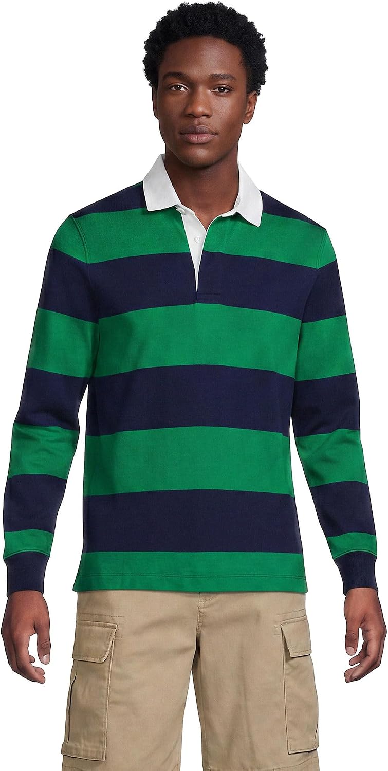 Lands' End Men's Long Sleeve Rugby - Blue Grass\/Radiant Navy Stripe