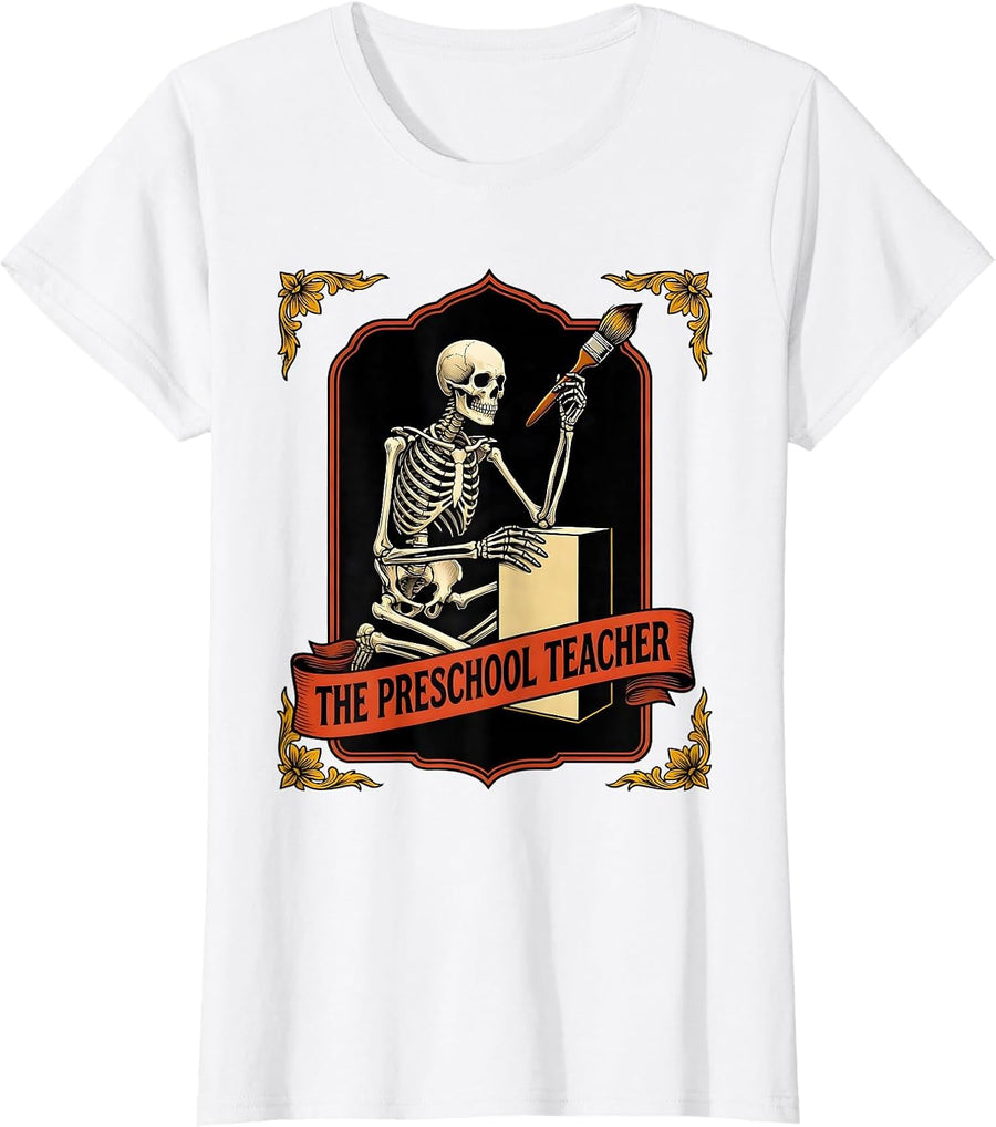 Women's The Preschool Teacher Tattoo Skeleton Tarot Card Halloween T-Shirt - White