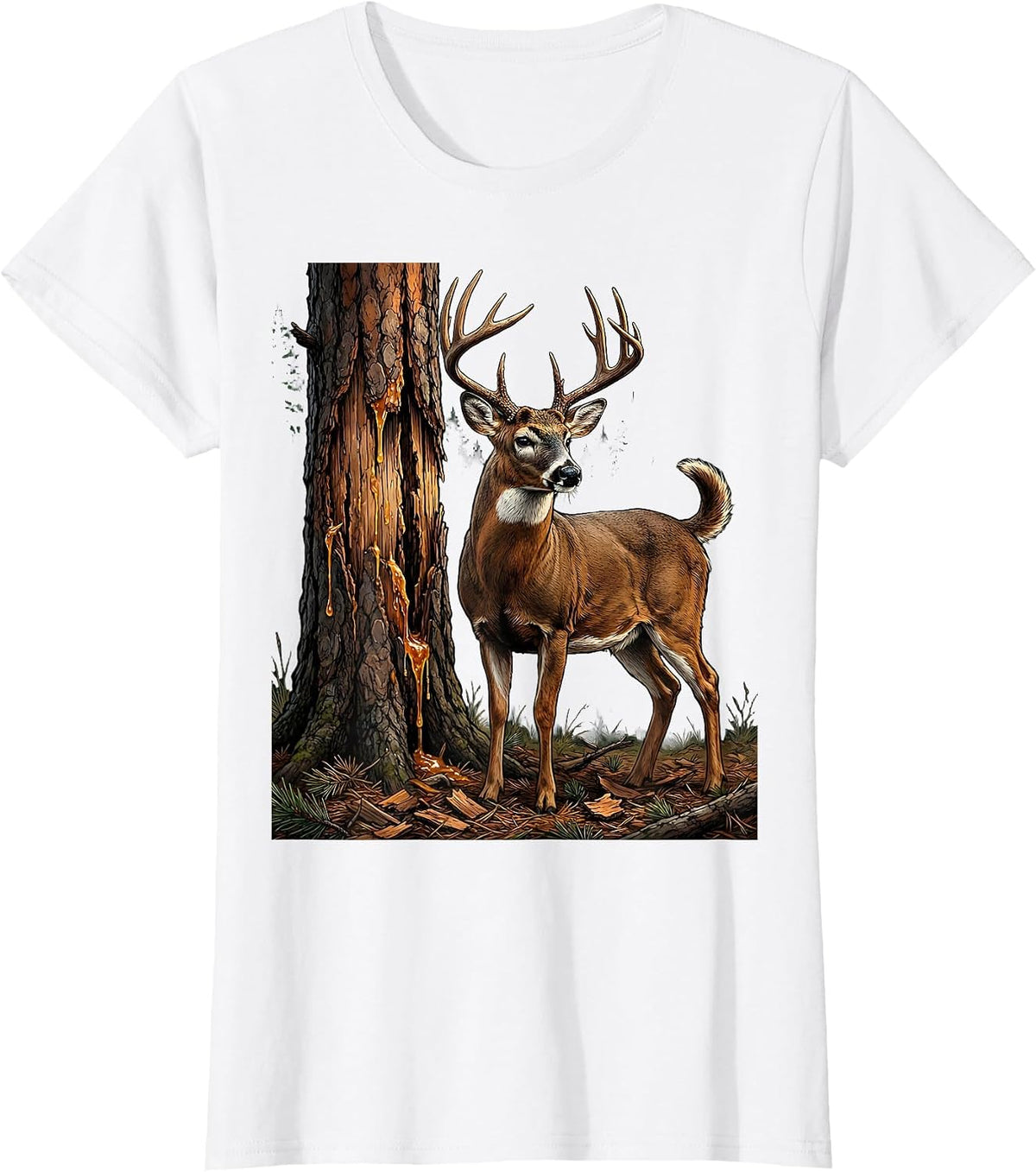 Women's Buck Rub Scarred Pine Tree Hunting Illustration T-Shirt - White